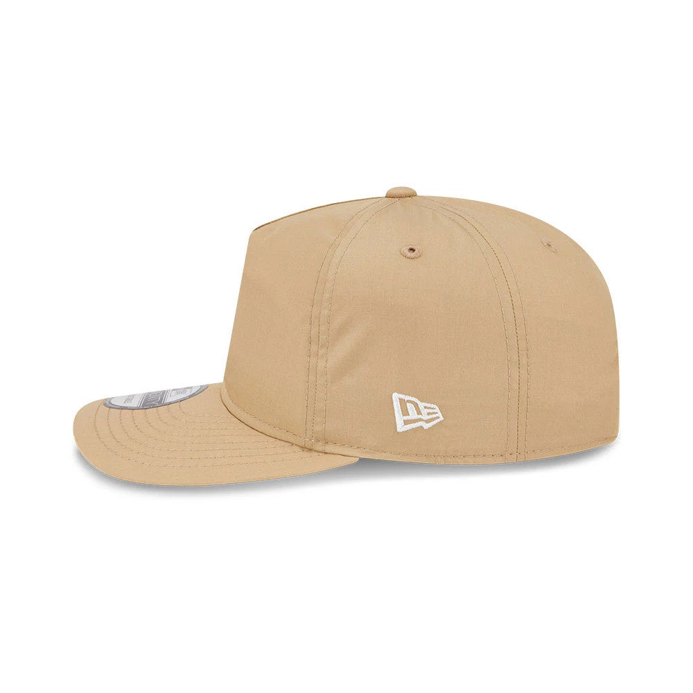 New Era Open Brown 19TWENTY Adjustable Cap, side view showing a white embroidered New Era flag logo on the left side of the light brown crown with a flat visor and a 19TWENTY size sticker.