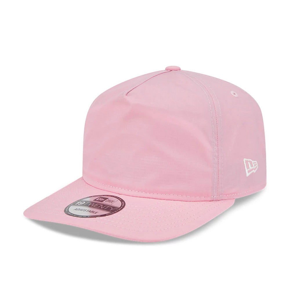 New Era Open Pink 19TWENTY Adjustable Cap, front view showing a flat pink visor with a 19TWENTY size sticker, embroidered white New Era flag logo on the left side, and a matching top button.