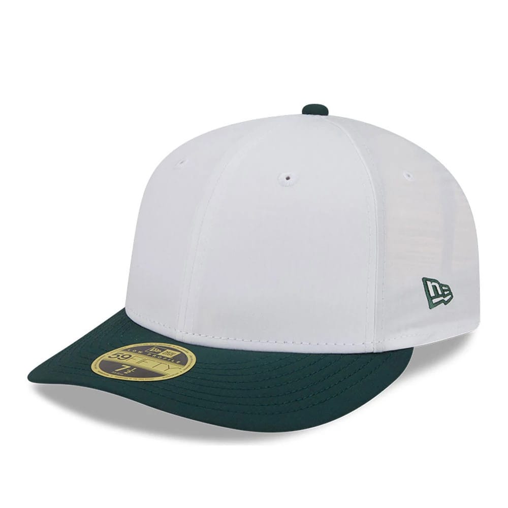 New Era Open White & Dark Green Low Profile 59FIFTY Fitted Cap, three-quarter view showing the dark green embroidered New Era flag logo on the left side, white structured crown, dark green visor and gold 59FIFTY size sticker.