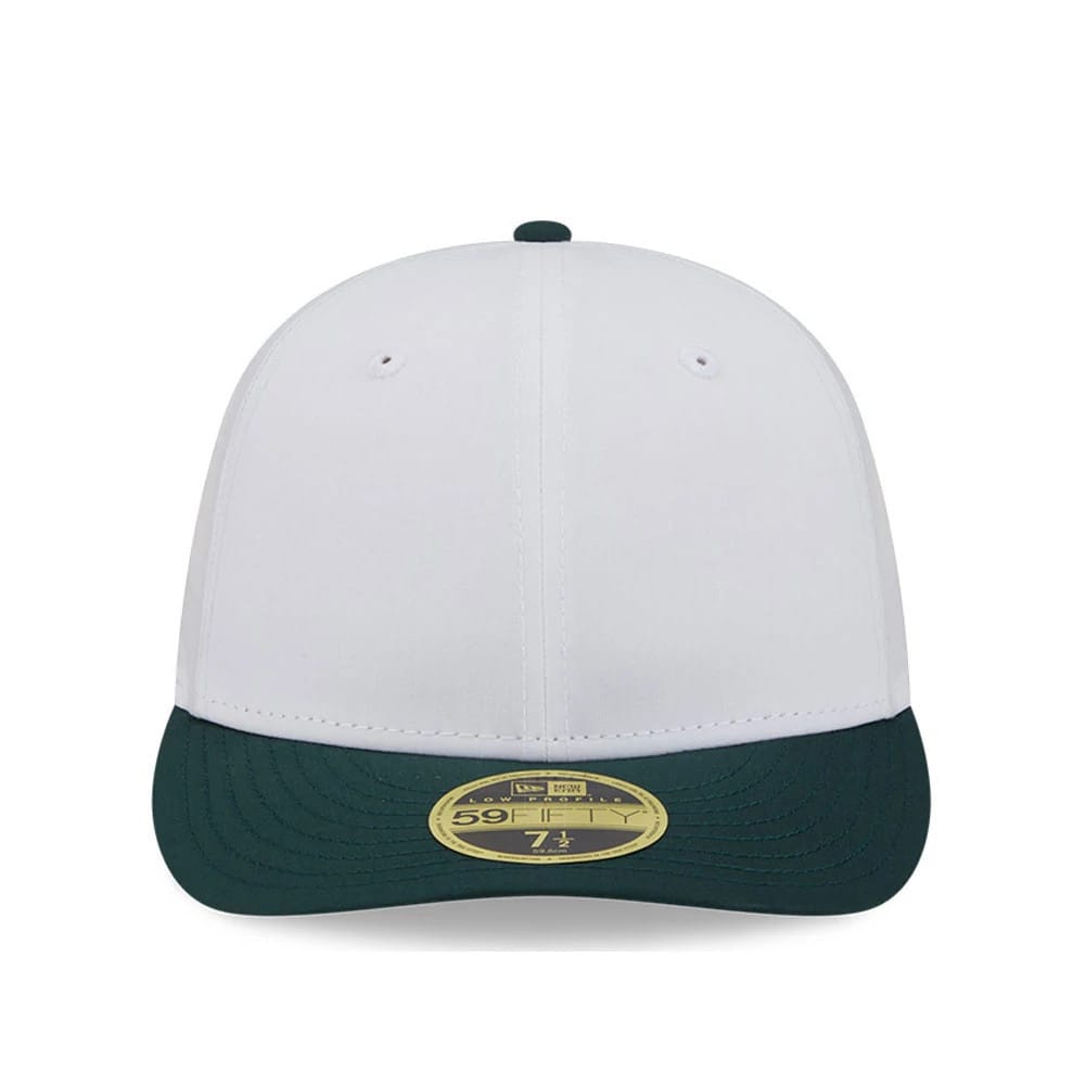 New Era Open White & Dark Green Low Profile 59FIFTY Fitted Cap, front view showing a structured white crown with matching embroidered eyelets, a dark green flat visor, and a gold 59FIFTY size sticker on the centre.