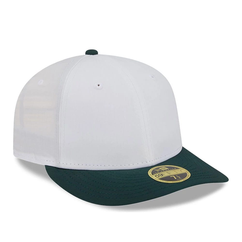 New Era Open White & Dark Green Low Profile 59FIFTY Fitted Cap, three-quarter view with a flat dark green visor, gold 59FIFTY size sticker on the visor, white structured crown, and dark green top button.