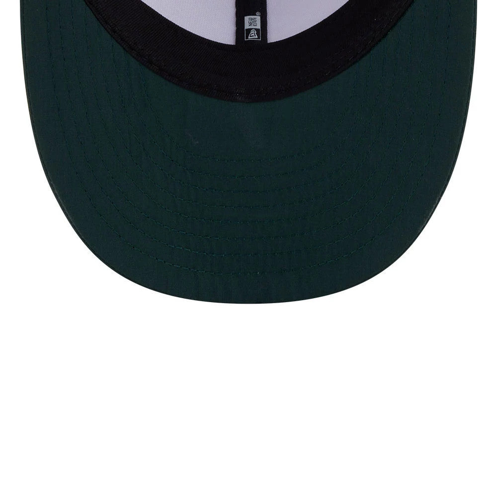 New Era Open White & Dark Green Low Profile 59FIFTY Fitted Cap, inside view showing the white crown lining, black sweatband, white taping and dark green undervisor with stitching detail.