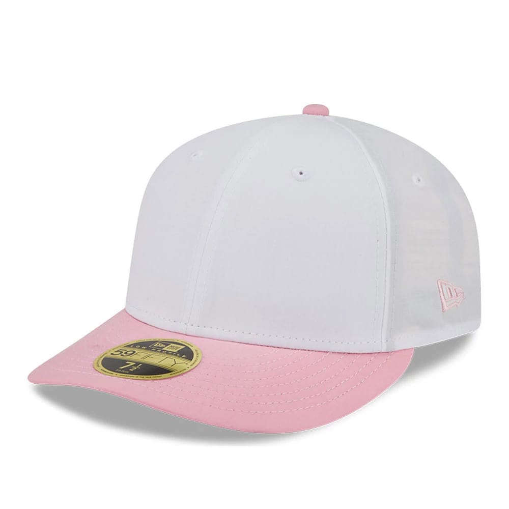 New Era Open White & Pink Low Profile 59FIFTY Fitted Cap, three-quarter view showing a pink embroidered New Era flag logo on the left side, a pink visor with a gold 59FIFTY size sticker, and a matching pink top button.