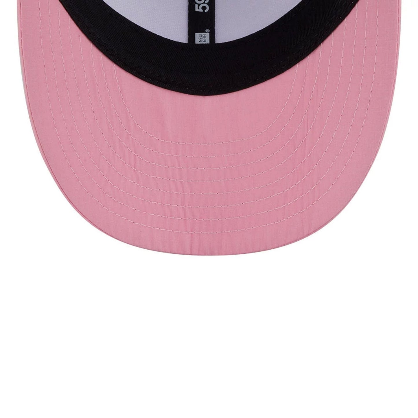 New Era Open White & Pink Low Profile 59FIFTY Fitted Cap, inside view featuring a black sweatband, white taping with a 59FIFTY label, and a pink undervisor with stitching patterns.