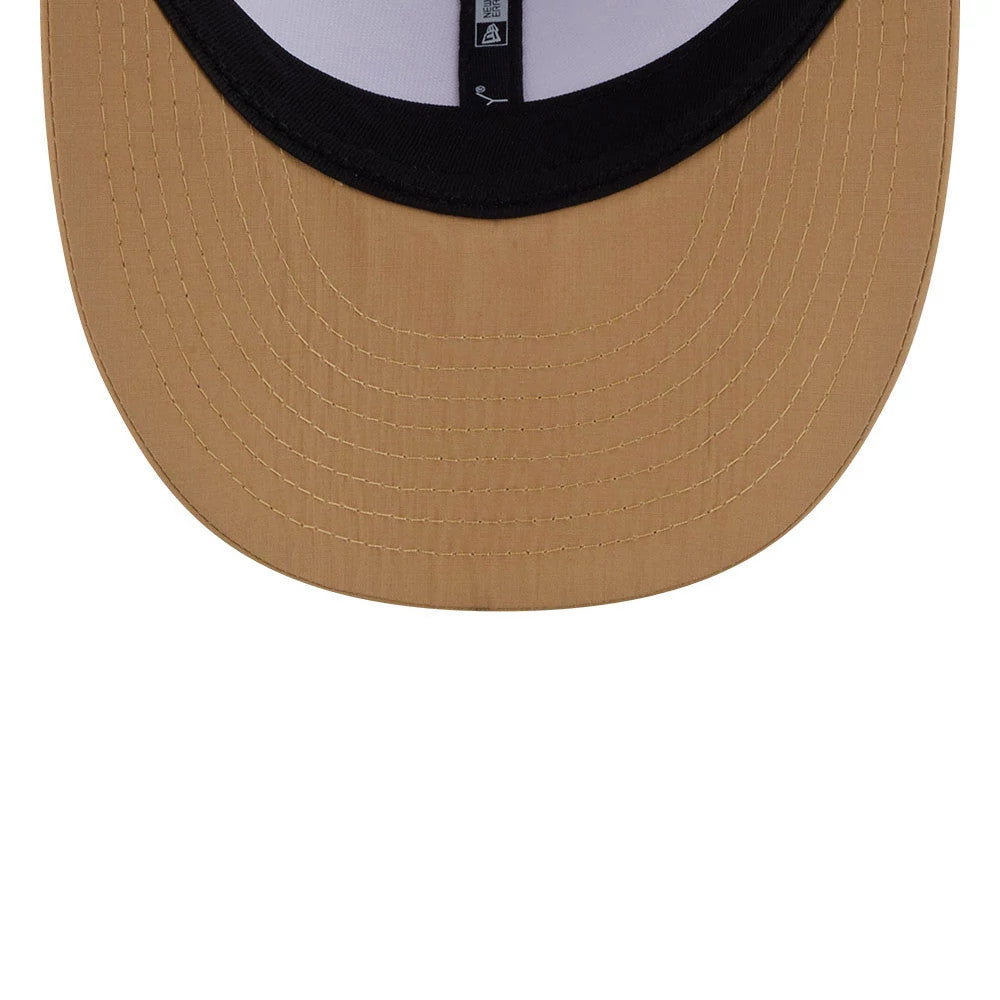 New Era Open White & Beige Low Profile 59FIFTY Fitted Cap, inside view showing the beige undervisor, black sweatband and white taping with logo details, offering a detailed look at the stitching and materials.