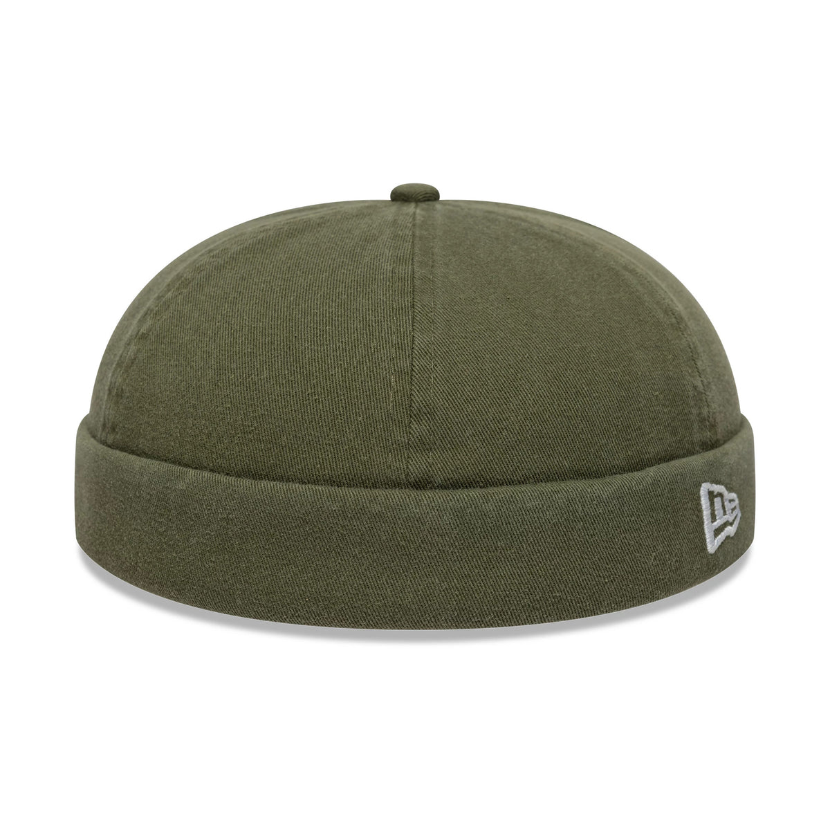 New Era Washed Cotton Green Docker Adjustable Hat, rear view showing the rolled cuff design and white embroidered New Era flag logo on the left side, with a soft unstructured crown and top button.