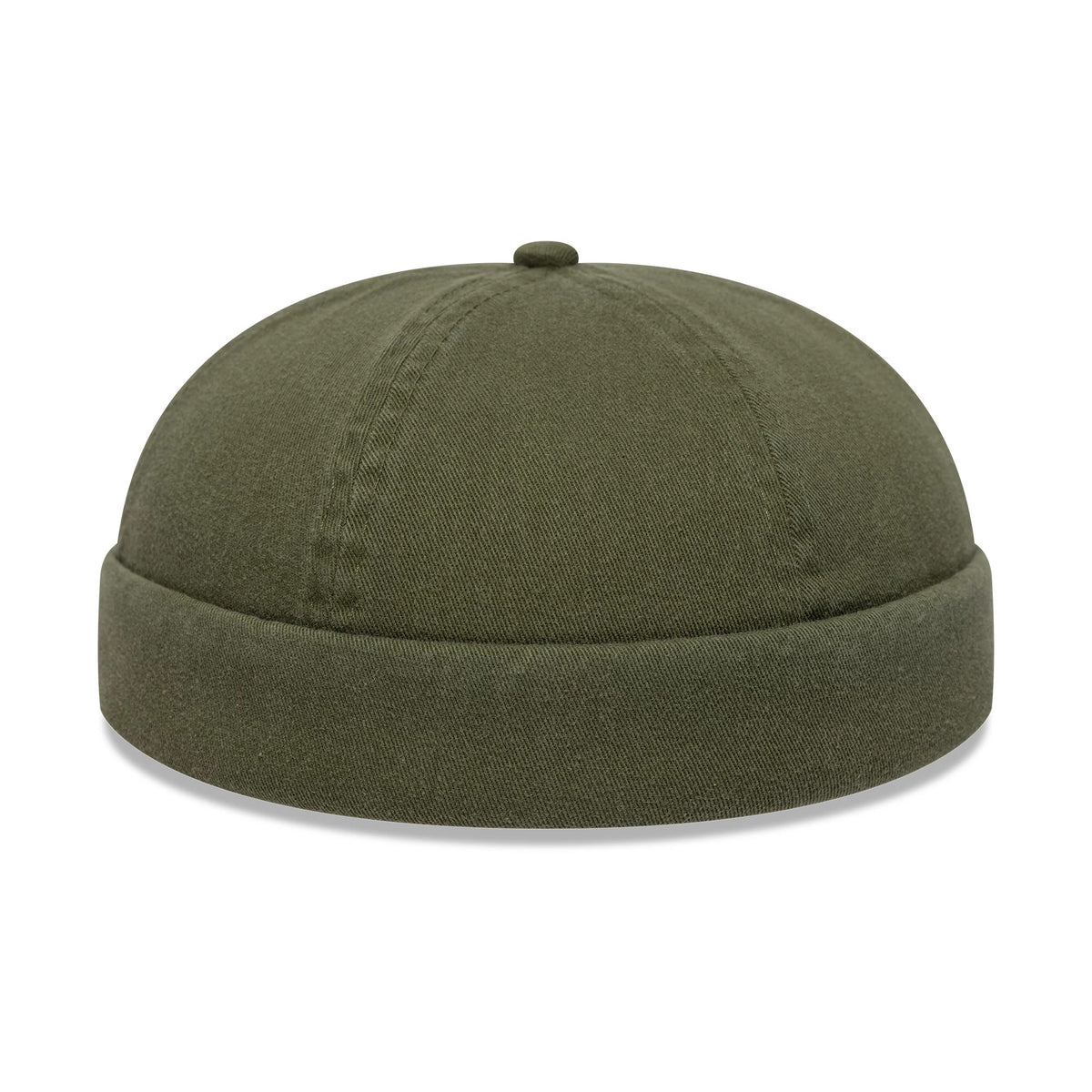 New Era Washed Cotton Green Docker Adjustable Hat, rear view showing the rounded crown with top button and panel seams, featuring a rolled visor and an even olive green tone throughout.