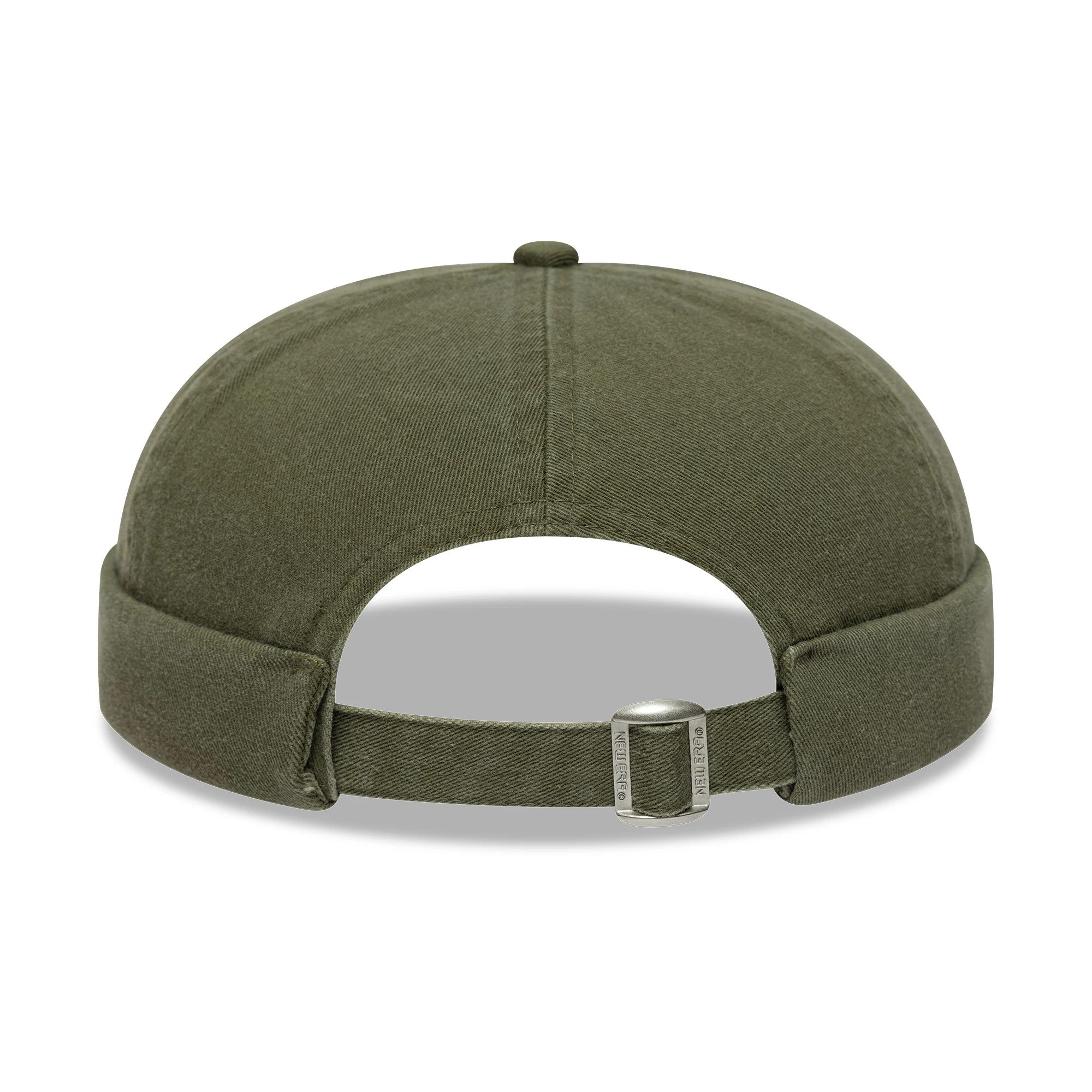 New Era Washed Cotton Green Docker Adjustable Hat, rear view showing the adjustable strap with a clasp featuring engraved branding, and a turned-up visor on the soft green material.