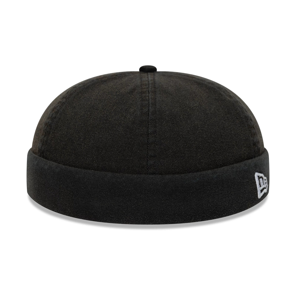 New Era Washed Cotton Black Docker Adjustable Hat, rear view showing the embroidered New Era flag logo in white on the left side of the black cotton cap with a rolled visor and top button.