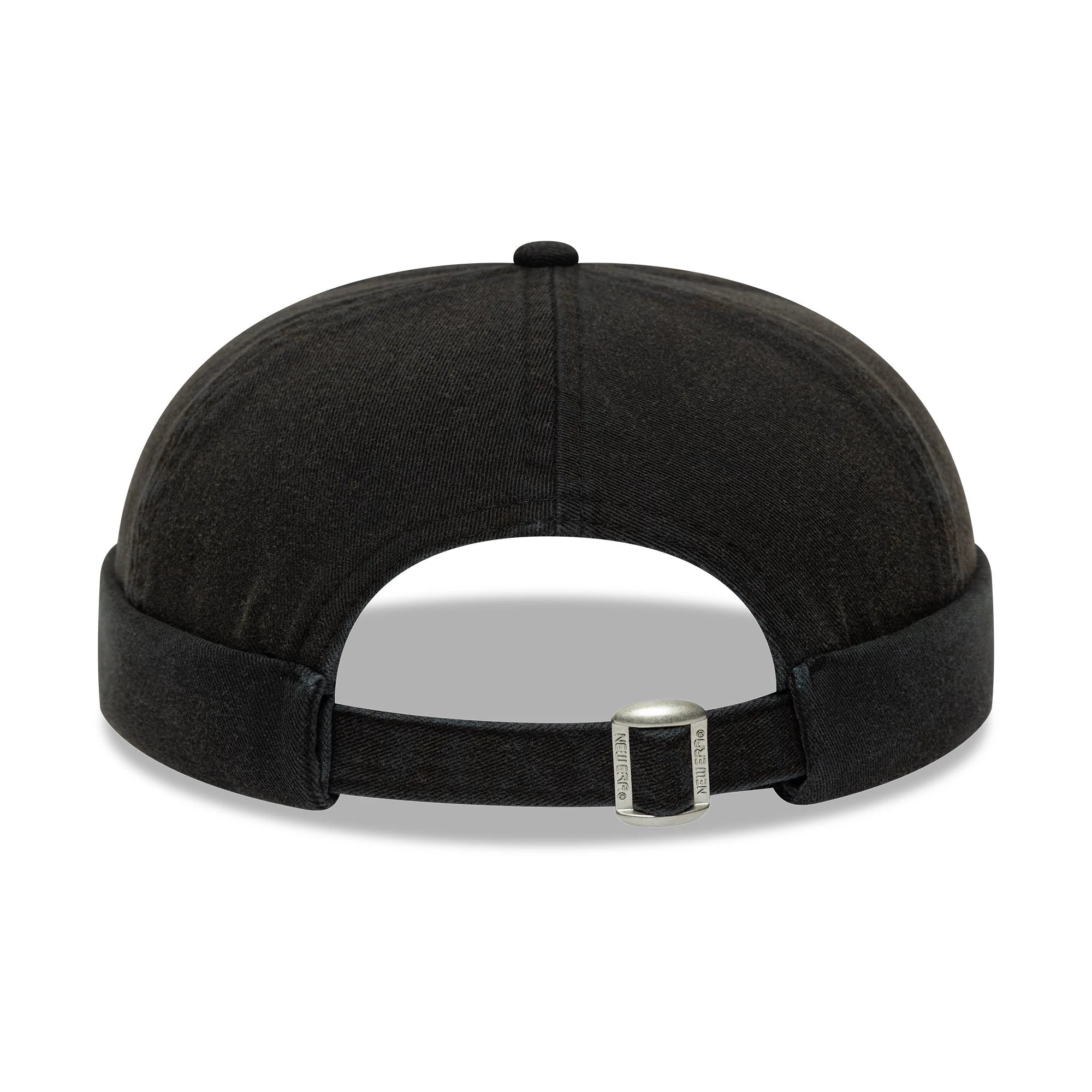 New Era Washed Cotton Black Docker Adjustable Hat, rear view showing the adjustable strap with a buckle featuring the New Era logo, and a rounded crown with stitch in the washed black cotton fabric.