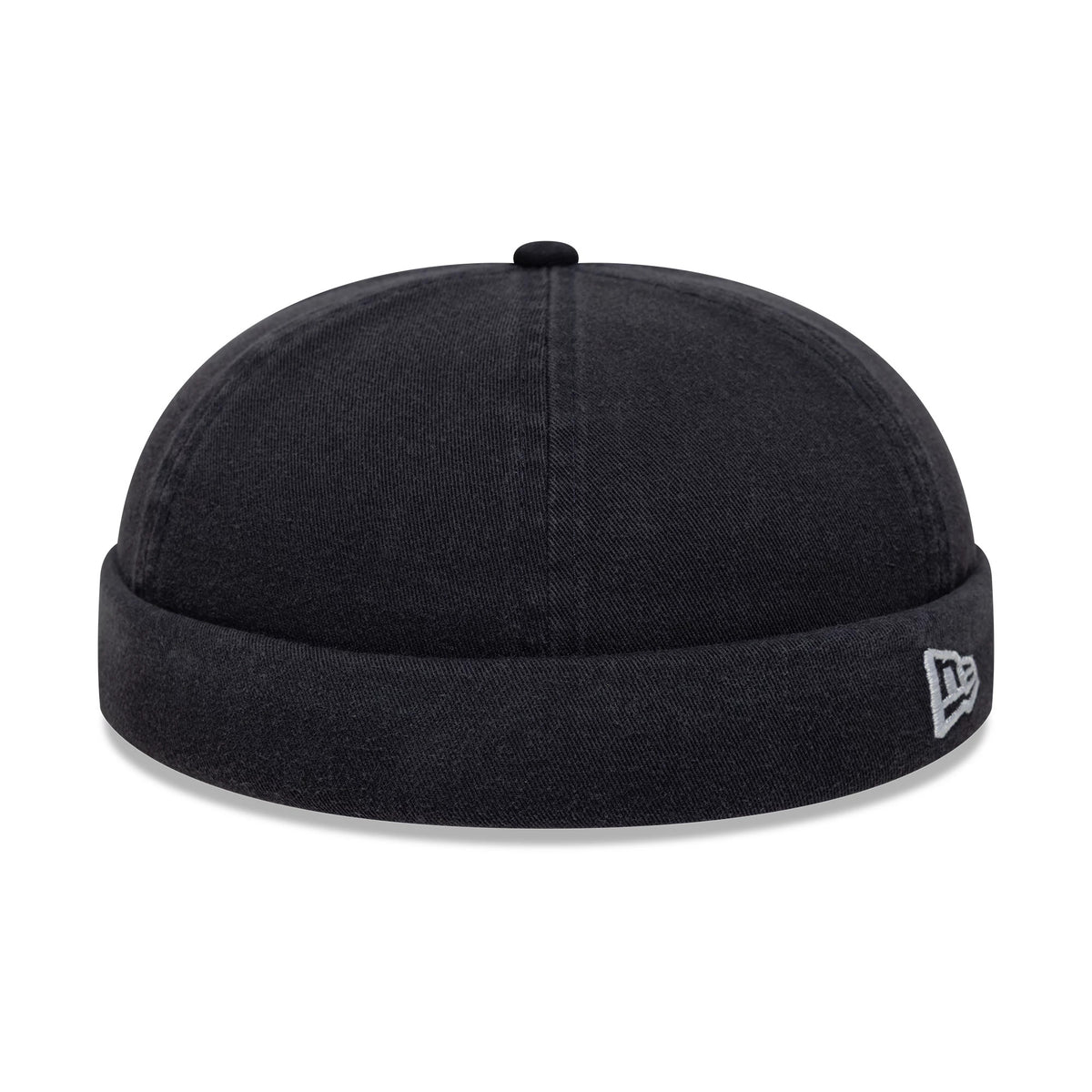 New Era Washed Cotton Navy Docker Adjustable Hat, rear view showing the stitched New Era flag logo on the turned-up cuff of the washed navy cotton fabric, with a round top button completing the design.