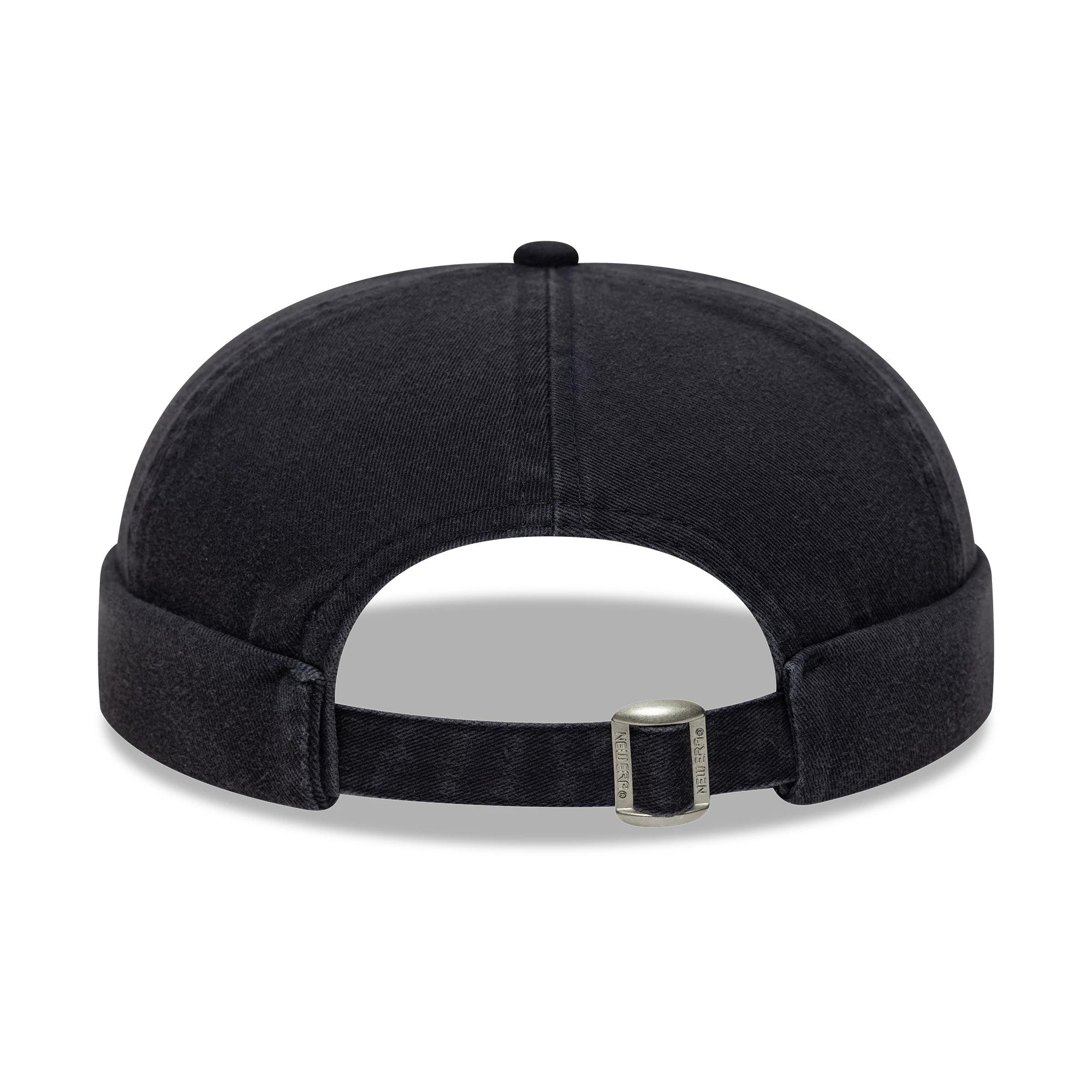 New Era Washed Cotton Navy Docker Adjustable Hat, rear view showing the rolled edge design and adjustable strap with buckle at the back, highlighting the soft navy washed cotton texture.