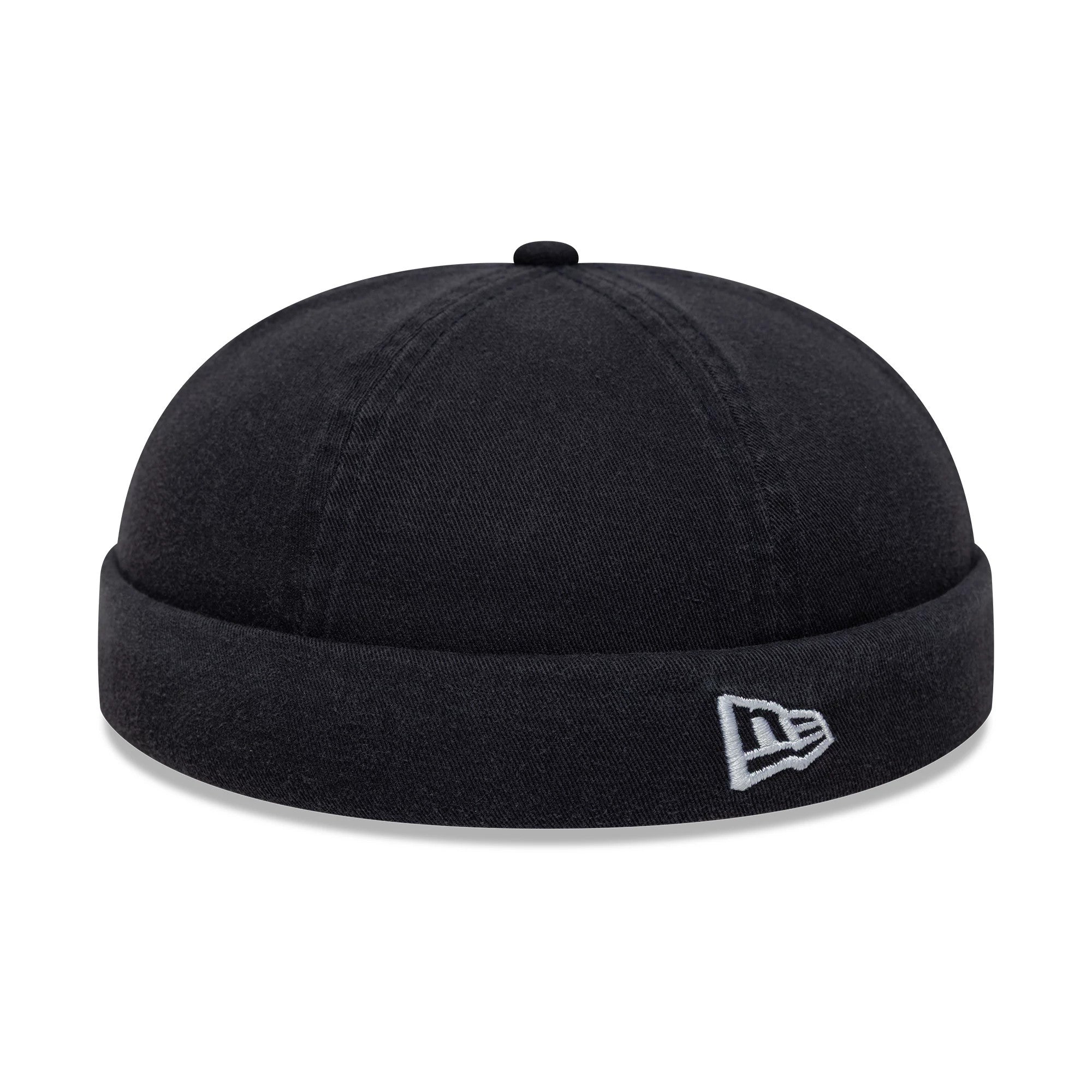 New Era Washed Cotton Navy Docker Adjustable Hat, front view showing the white embroidered New Era flag logo on the cuff, accentuating the classic docker hat silhouette with a navy finish.