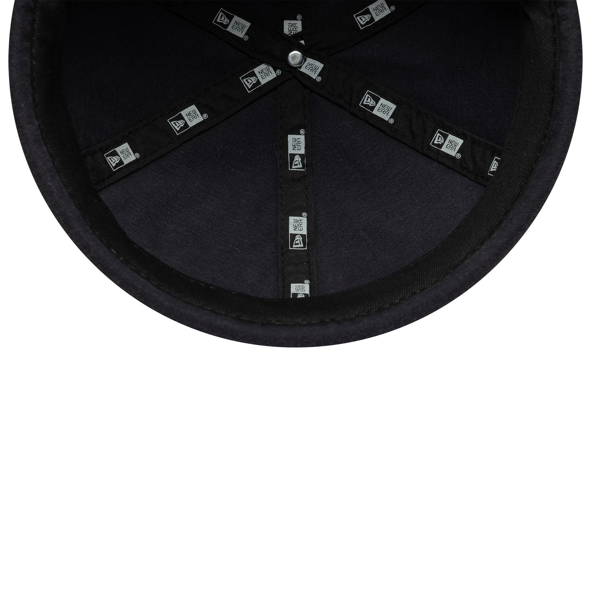 New Era Washed Cotton Navy Docker Adjustable Hat, inside view showing black taping with repeated New Era logos, a black sweatband around the edge, and a navy undervisor with a top button at the centre.