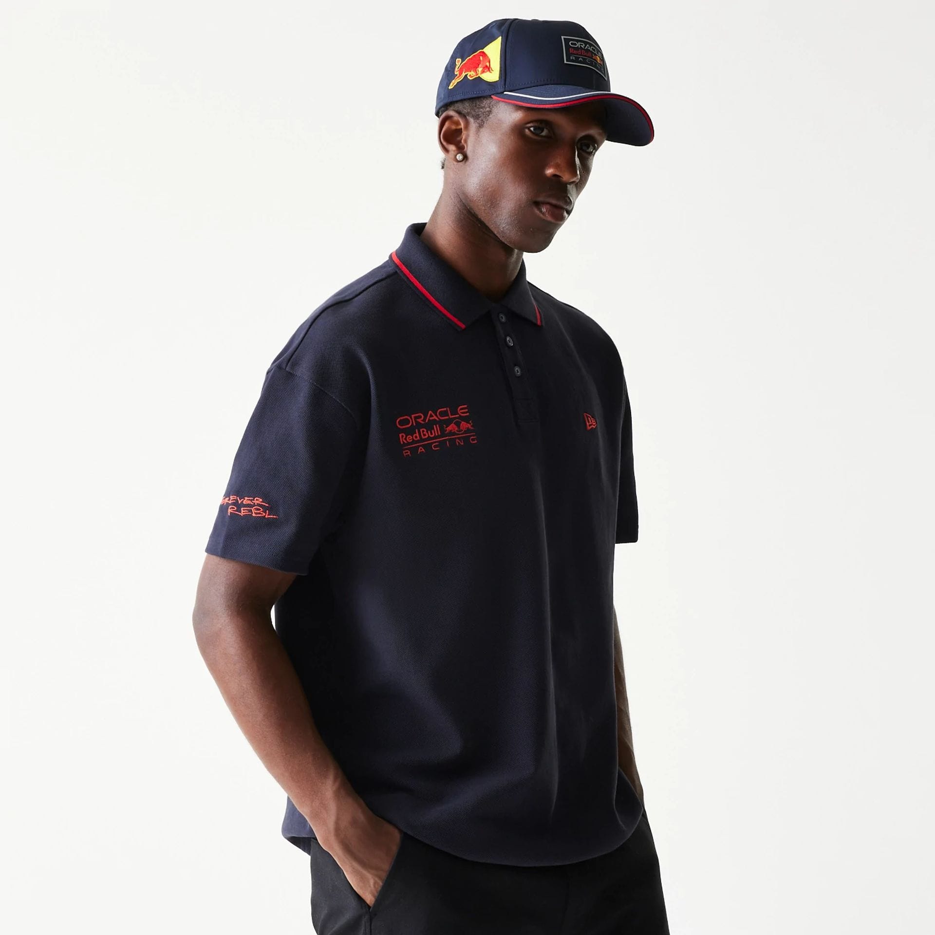 The Male model is wearing Red Bull Racing Dark Blue Polo T-Shirt 1
