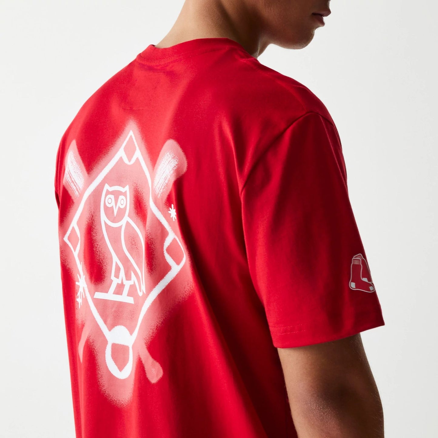 The Male model is wearing Boston Red Sox OVO x MLB Red T-Shirt 7