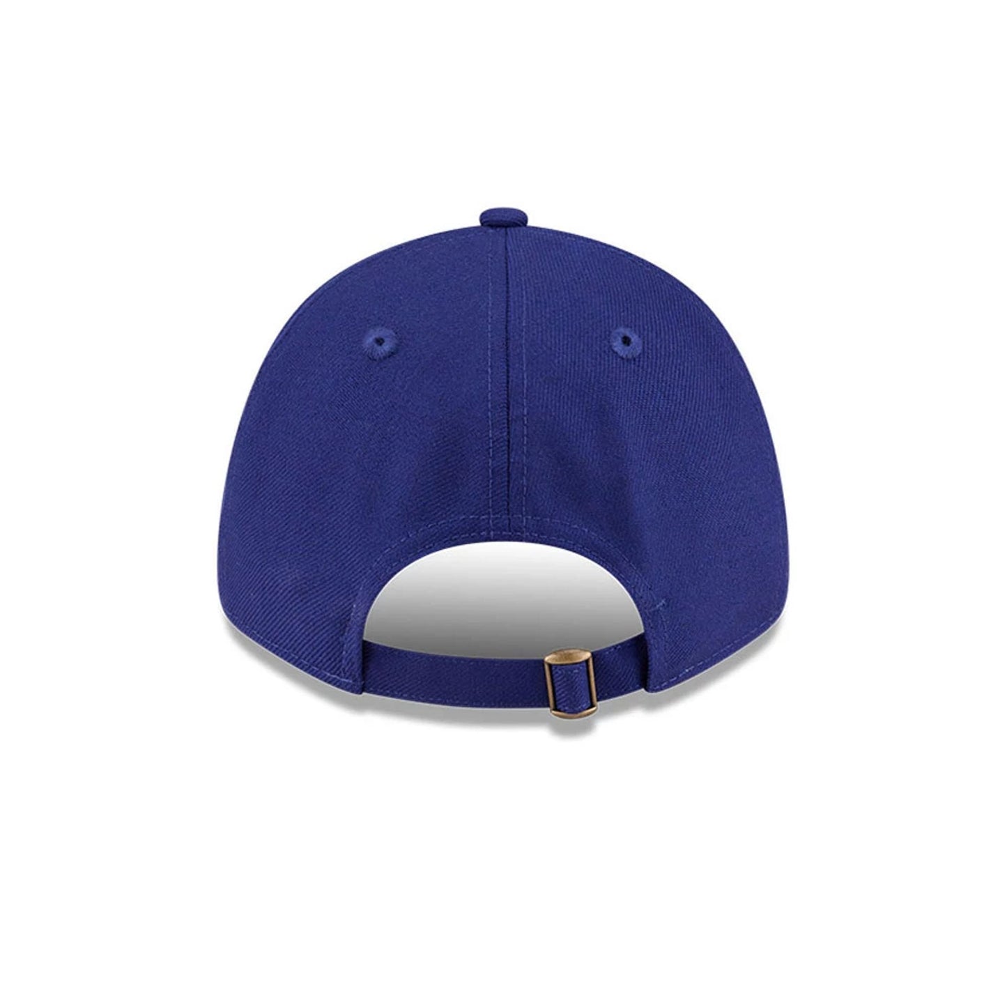 LA Dodgers FOG X MLB Dark Blue New Era 9FORTY Adjustable Cap, rear view showing a dark blue crown with matching embroidered eyelets and a gold buckle on the adjustable strap at the back.