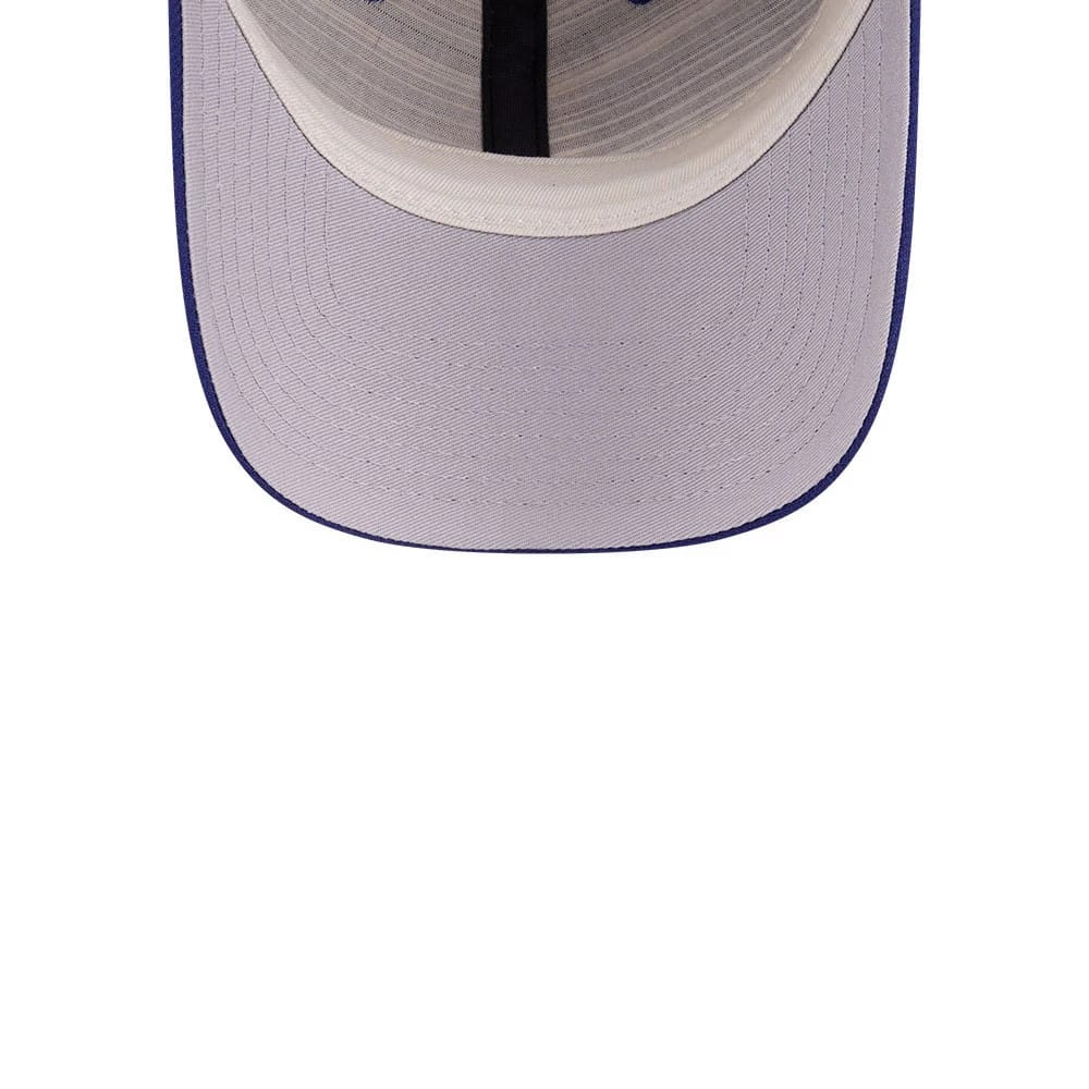 LA Dodgers FOG X MLB Dark Blue New Era 9FORTY Adjustable Cap, inside view showing the light grey undervisor, white internal taping contrasted by a black sweatband, and a dark blue edge.