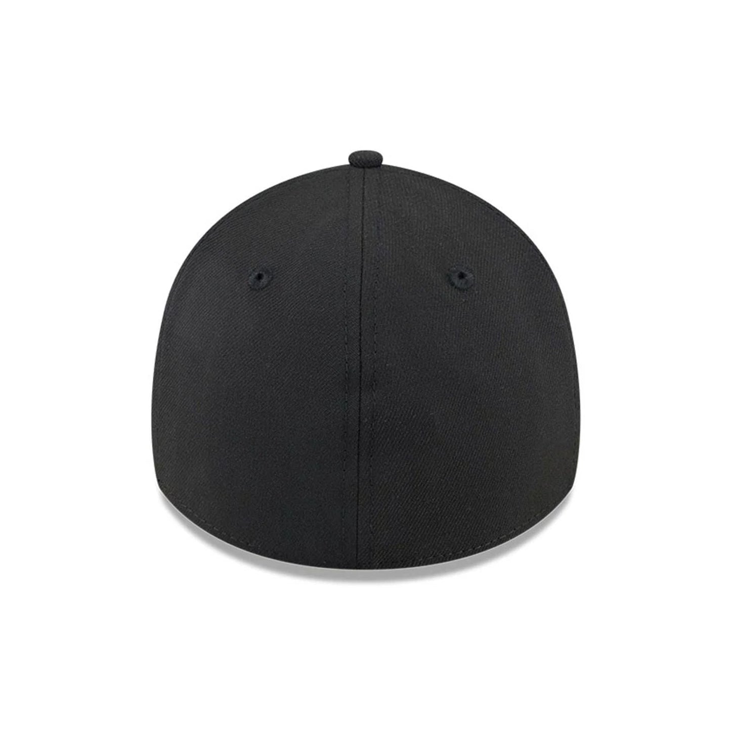 LA Dodgers MLB Lifestyle Black New Era 39THIRTY Stretch Fit Cap, rear view showing the absence of back logos on the black structured crown with two black embroidered eyelets and a central top button.