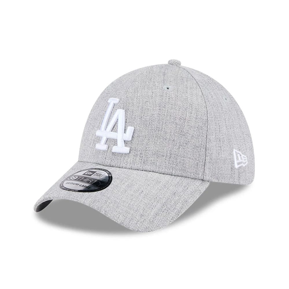 LA Dodgers MLB Heather Grey New Era 39THIRTY Stretch Fit Cap, three-quarter view showing a raised white LA logo on the front panel, grey curved visor with a 39THIRTY size sticker, and the New Era flag logo on the left side.