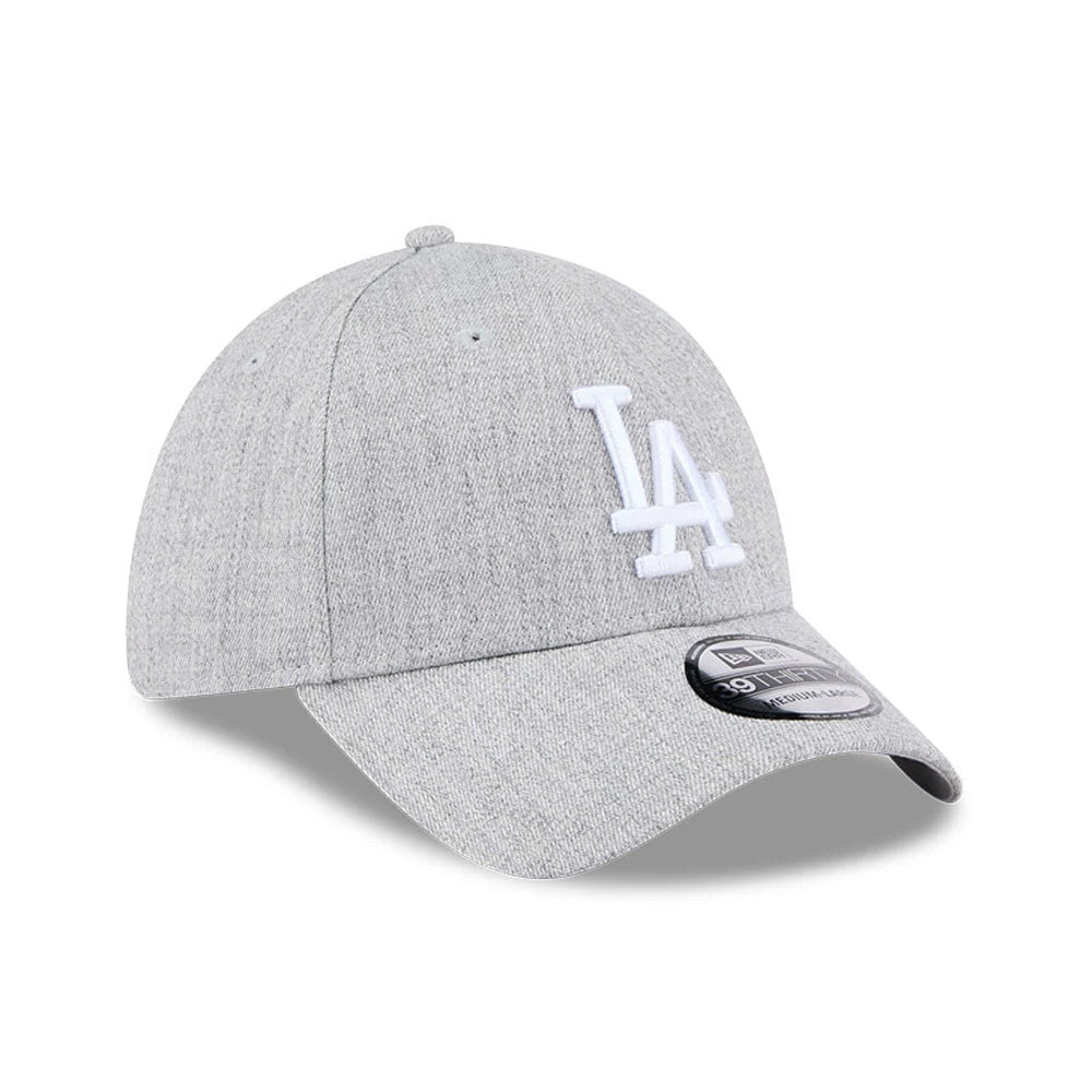 LA Dodgers MLB Heather Grey New Era 39THIRTY Stretch Fit Cap, three-quarter view showing the white embroidered LA logo on the front panel, a curved grey visor, and a 39THIRTY size sticker on the top.