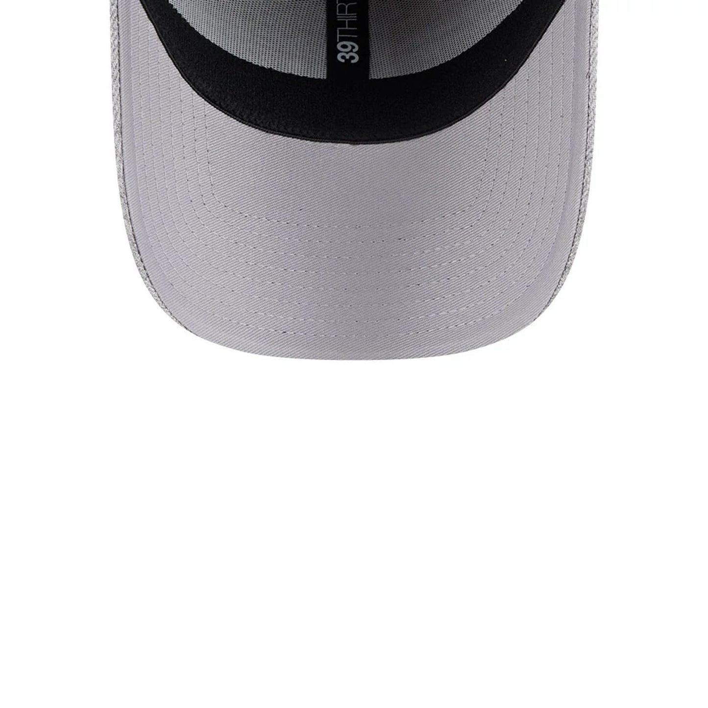 LA Dodgers MLB Heather Grey New Era 39THIRTY Stretch Fit Cap, inside view showing the grey undervisor and black sweatband with 39THIRTY label, highlighting the structured curved visor and interior construction.