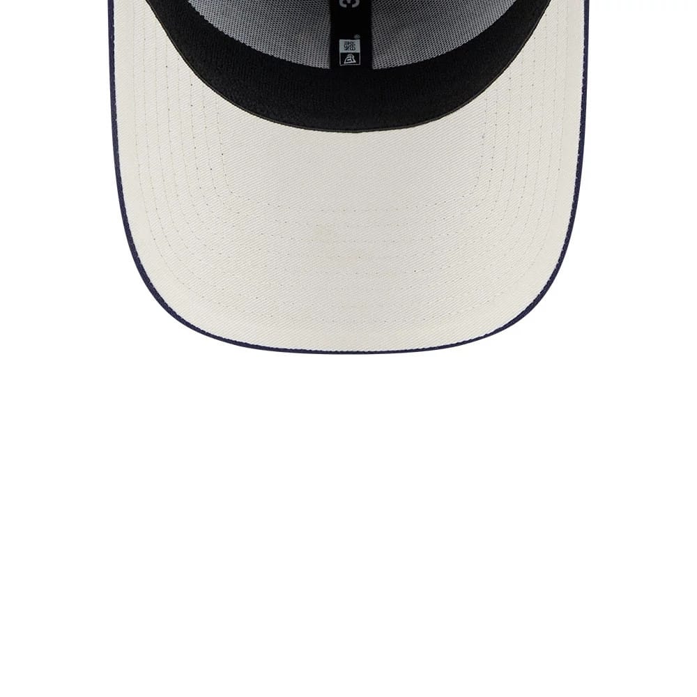 LA Dodgers MLB Lifestyle Navy New Era 39THIRTY Stretch Fit Cap, inside view showing the cream undervisor, contrasting black sweatband, and central taping with the MLB and New Era logos.
