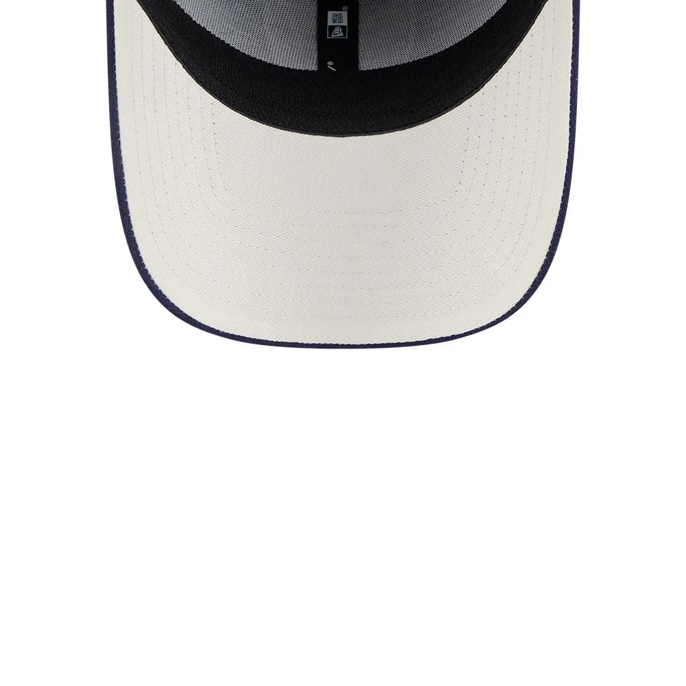 Las Vegas Raiders NFL Lifestyle Navy New Era 39THIRTY Stretch Fit Cap, inside view showing a white undervisor with black sweatband, black taping and the New Era logo label on the dark grey interior fabric.
