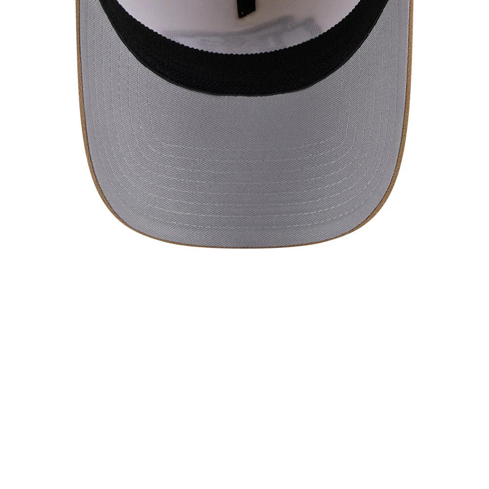 Kansas City Chiefs NFL White New Era 39THIRTY A-Frame Stretch Fit Cap, inside view showing the grey undervisor, black sweatband and interior taping along with the structured A-Frame shape.