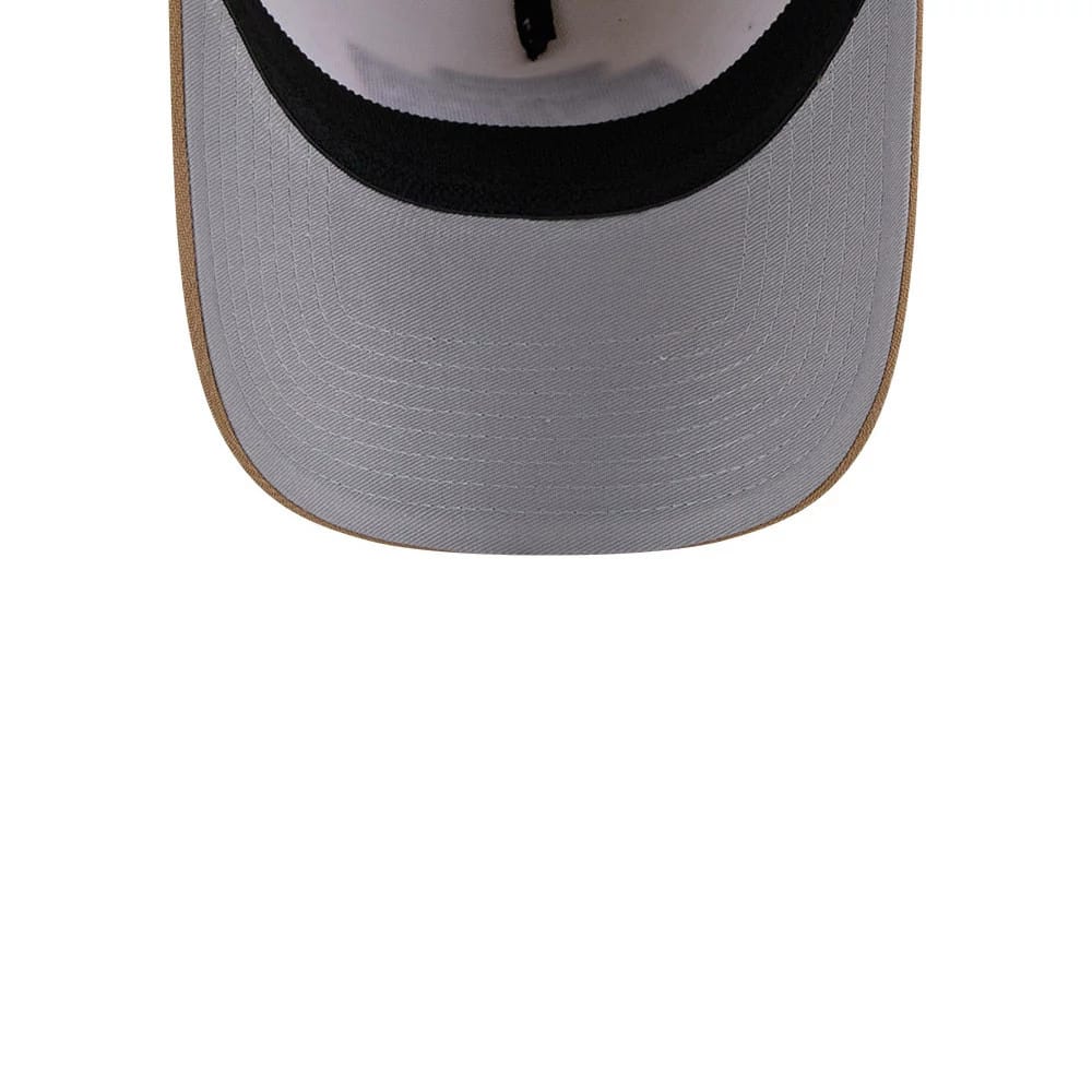 LA Kings NHL Sandy Bay White New Era 39THIRTY A-Frame Stretch Fit Cap, inside view showing the grey undervisor, black sweatband, and white crown with structured seams, enhancing comfort and fit.