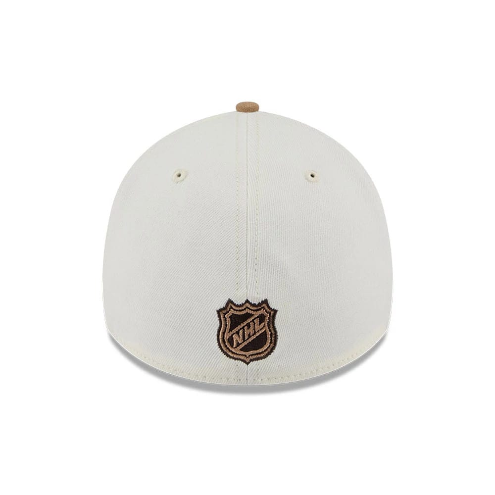 LA Kings NHL Sandy Bay White New Era 39THIRTY A-Frame Stretch Fit Cap, rear view showing the brown NHL shield logo embroidered at the centre of the back panels beneath the brown top button.