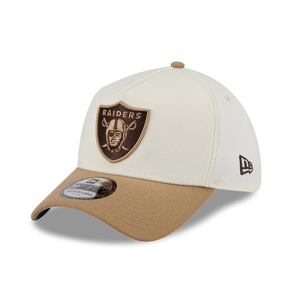 Pictured is this NFL Sandy Bay Las Vegas Raiders 39THIRTY A-Frame Stretch Fit cap in white. 1