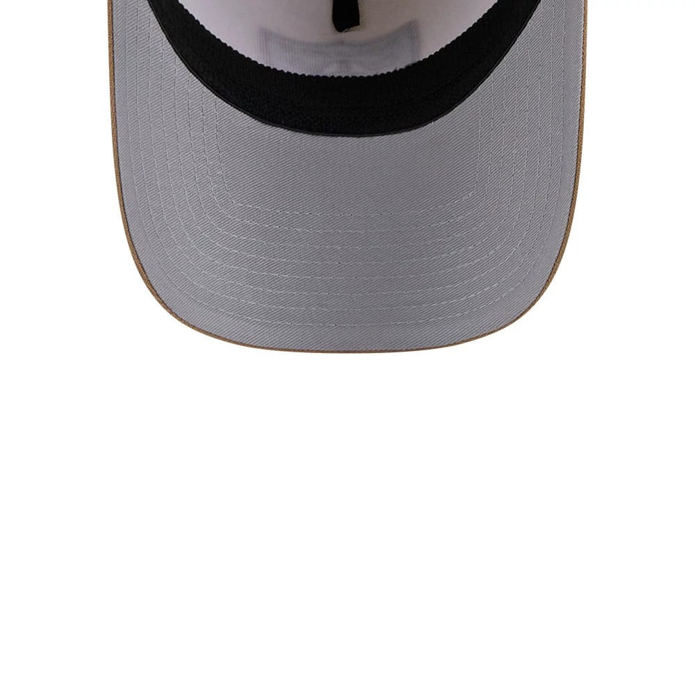 Las Vegas Raiders NFL Sandy Bay White New Era 39THIRTY A-Frame Stretch Fit Cap, inside view showing the white undervisor and the black sweatband with contrasting stitching detail around the edge of the visor.