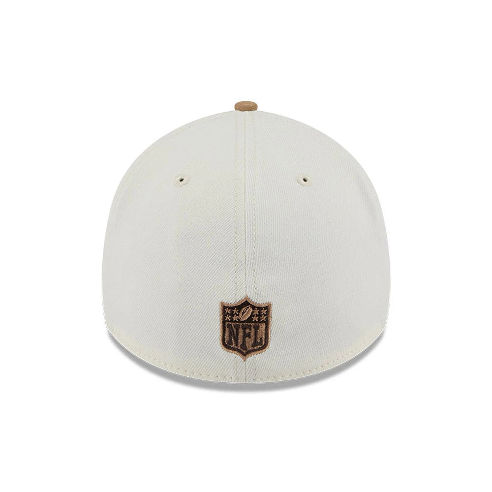 Pictured is this NFL Sandy Bay Las Vegas Raiders 39THIRTY A-Frame Stretch Fit cap in white. 7