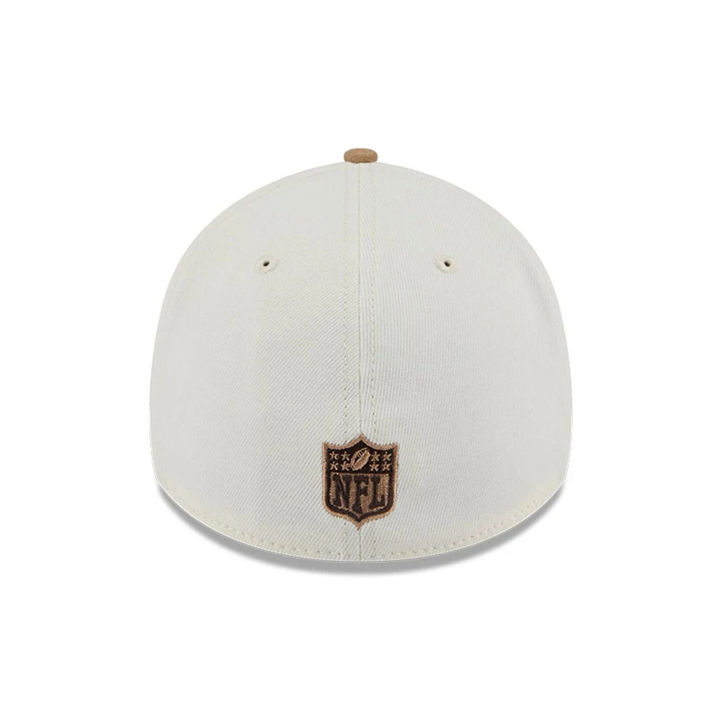 Las Vegas Raiders NFL Sandy Bay White New Era 39THIRTY A-Frame Stretch Fit Cap, rear view showing a brown embroidered NFL shield logo centred at the bottom of the white crown with a brown top button and matching eyelets.