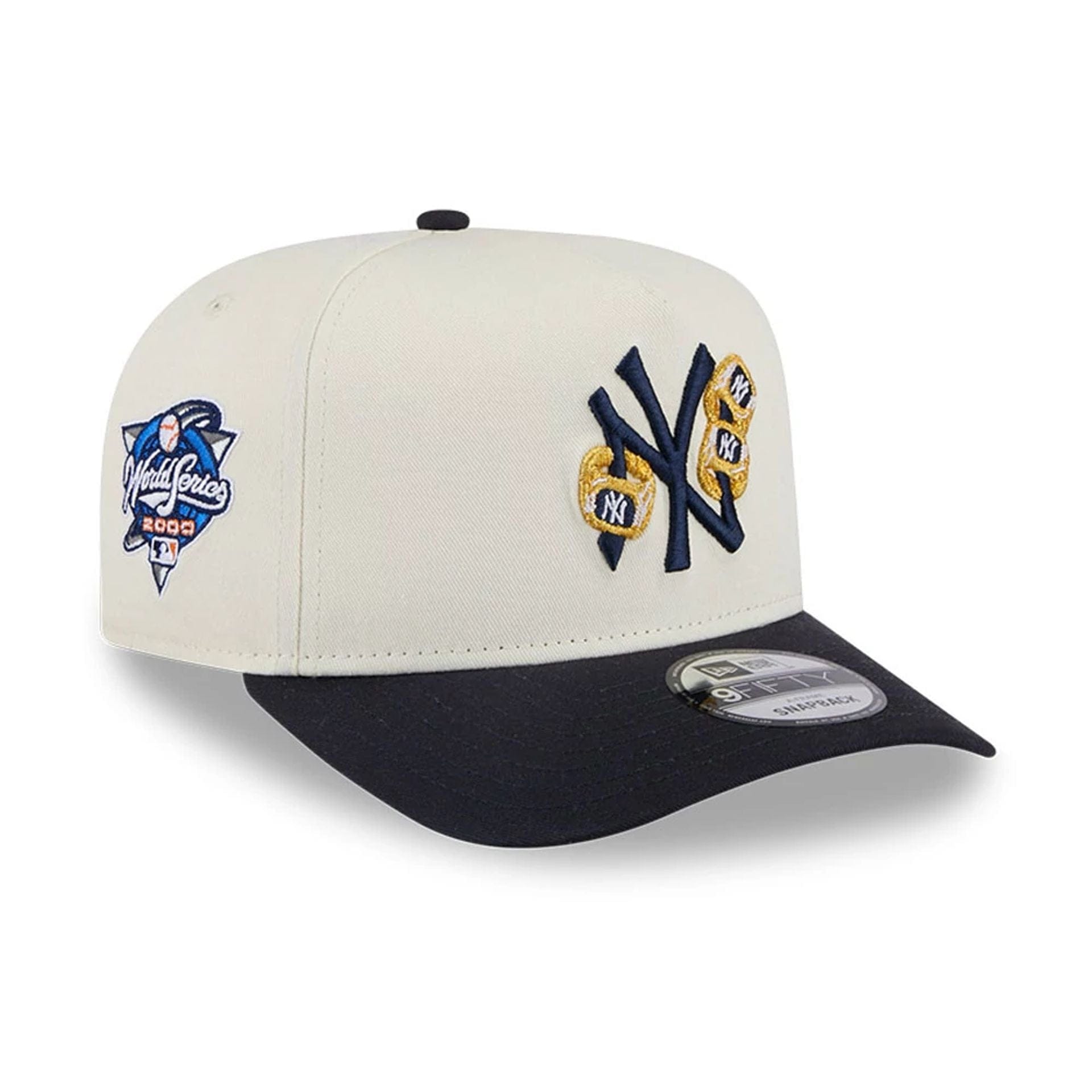 Pictured is this MLB 3 Times World Series New York Yankees 9FIFTY A-Frame Snapback cap in white. 1