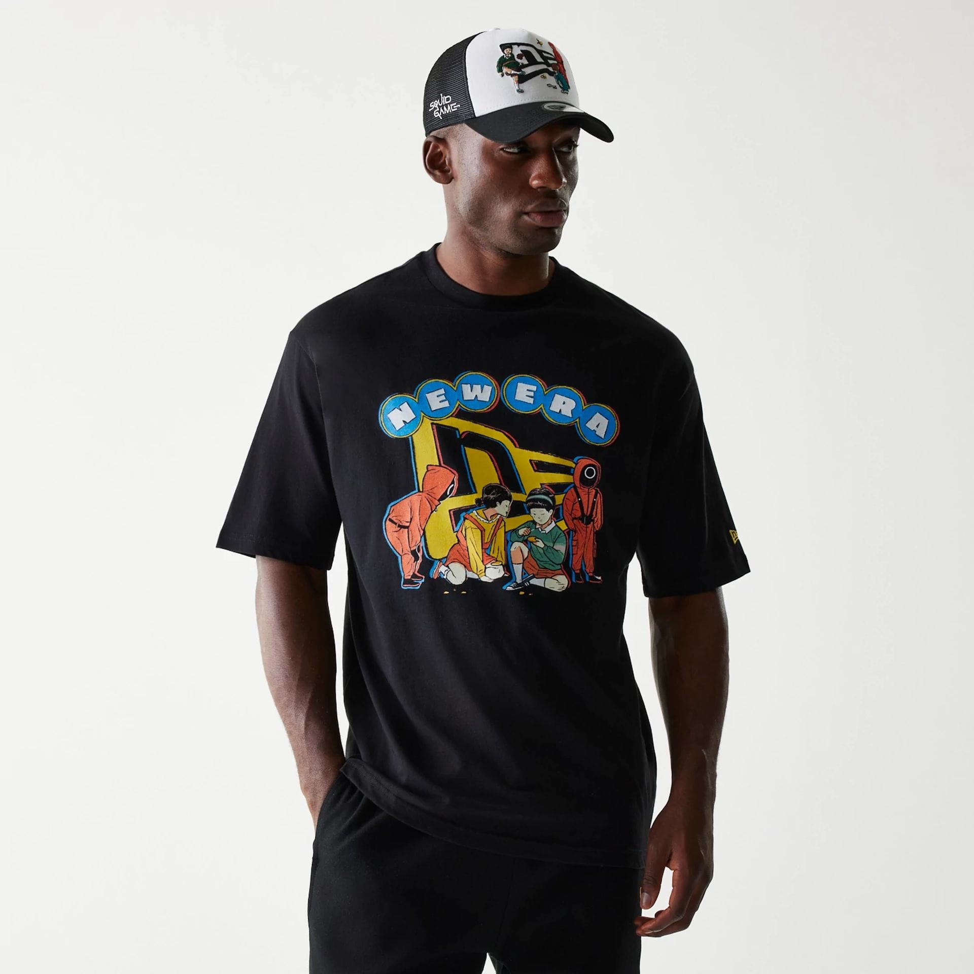 The Male model is wearing Netflix Squid Game Black Oversized T-Shirt 1