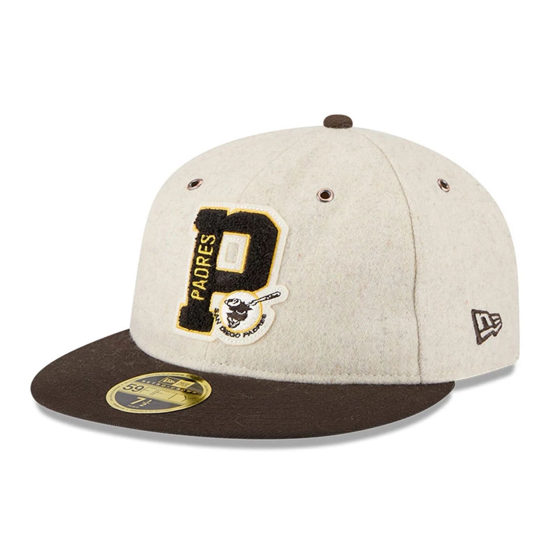 This is a San Diego Padres Wool Letterman Beige Retro Crown 59FIFTY Fitted Cap 1