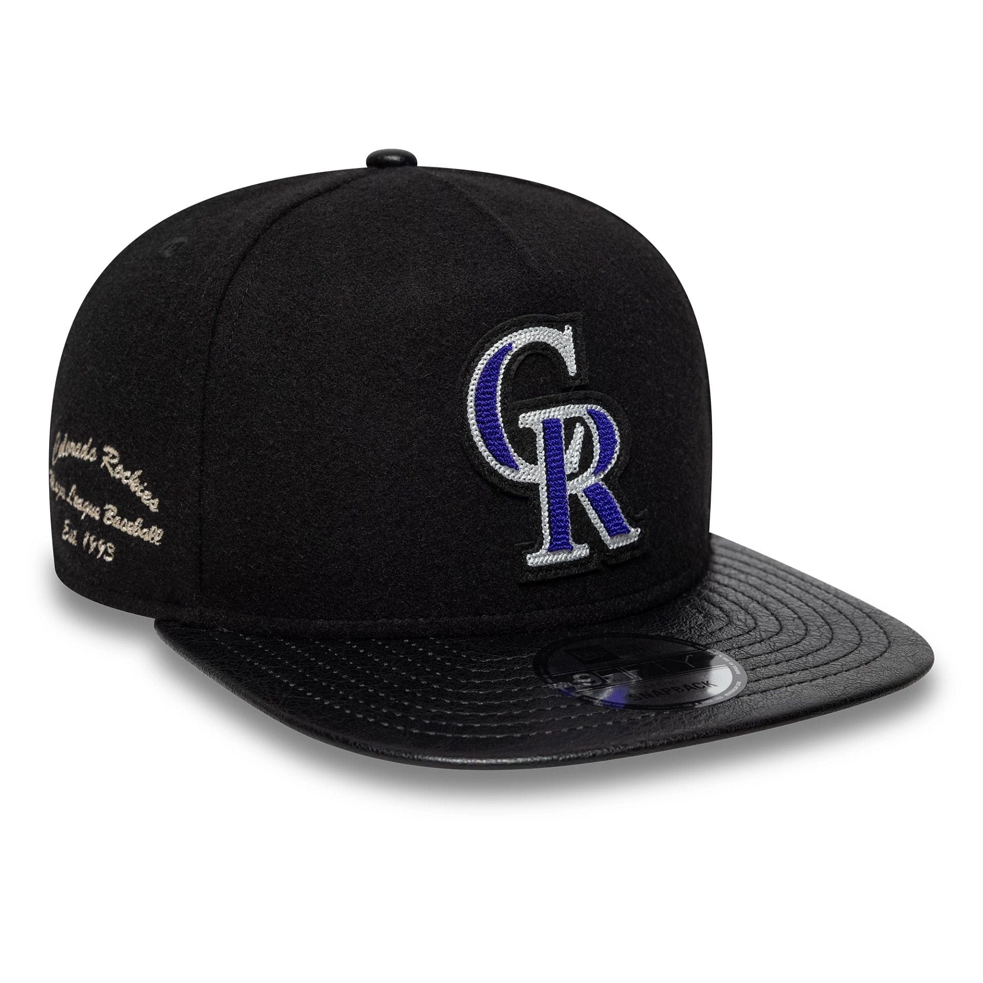 This is a Colorado Rockies Wool Letterman Black 9FIFTY A-Frame Snapback Adjustable Cap 1