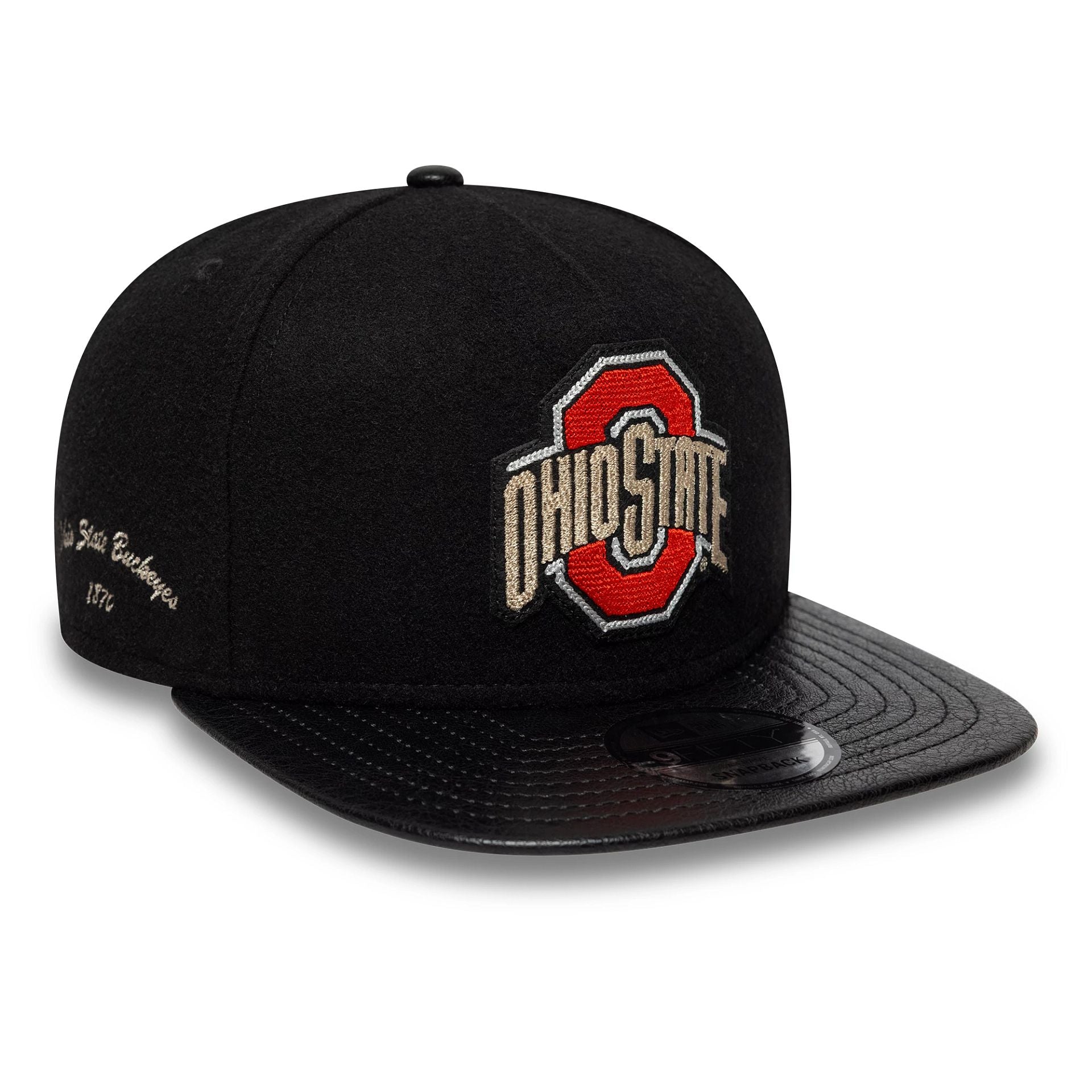 This is a Ohio State Buckeyes Wool Letterman Black 9FIFTY A-Frame Snapback Adjustable Cap 1