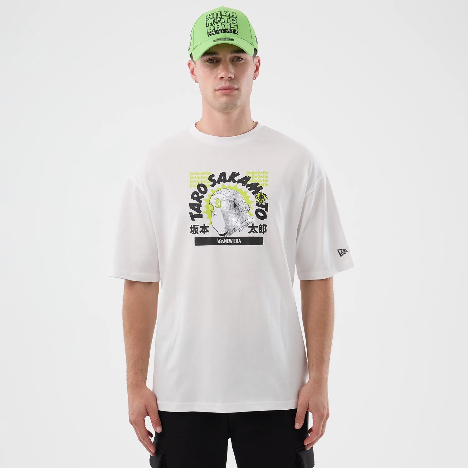 The Male model is wearing Sakamoto Days Character Graphic Netflix White T-Shirt 1