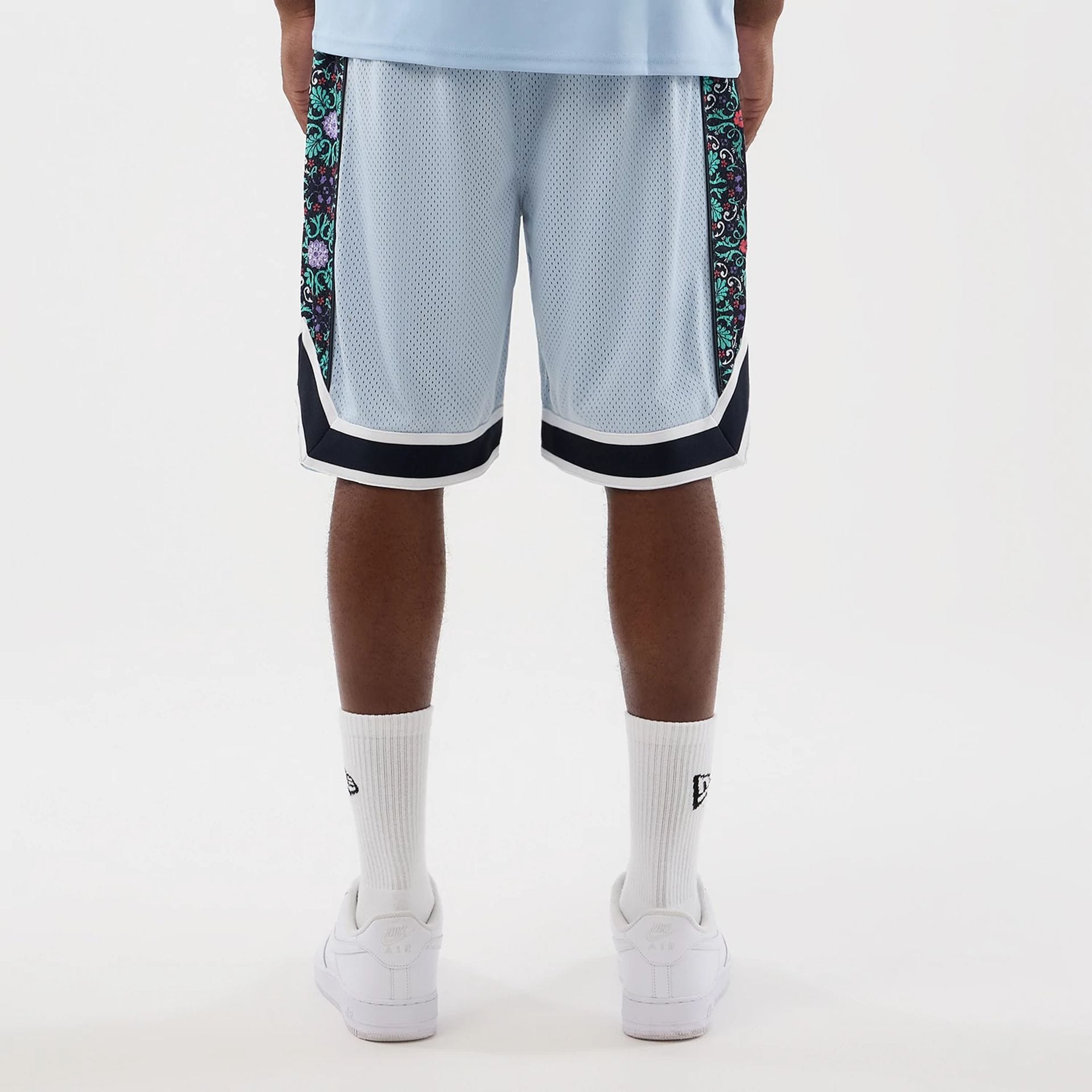 The Male model is wearing New York Yankees MLB Mesh Pastel Blue Mesh Shorts 2