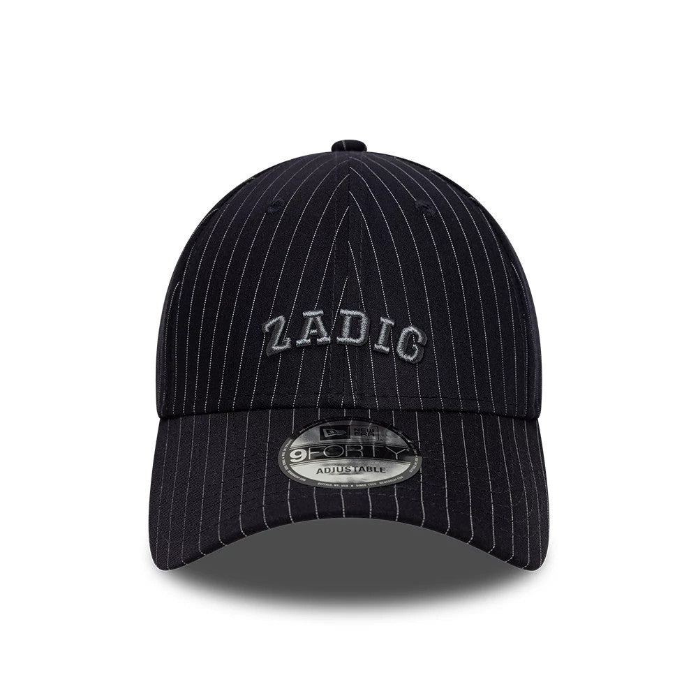 New Era X Zadig & Voltaire Navy 9FORTY Adjustable Cap, front view showing grey embroidered Zadig lettering on the navy pinstripe crown and a 9FORTY size sticker on the curved visor.
