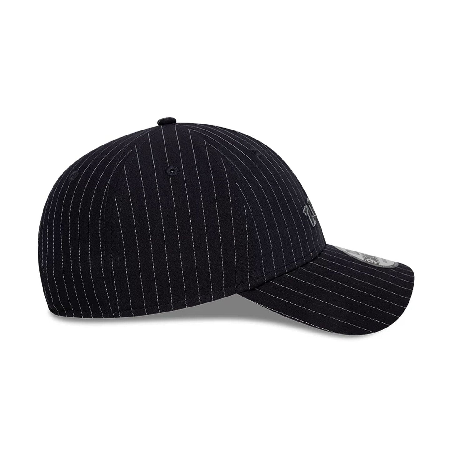 New Era X Zadig & Voltaire Navy 9FORTY Adjustable Cap, side view showing the embroidered New Era flag logo on the left side of the structured navy crown with white pinstripes, paired with a curved visor and grey 9FORTY size sticker.