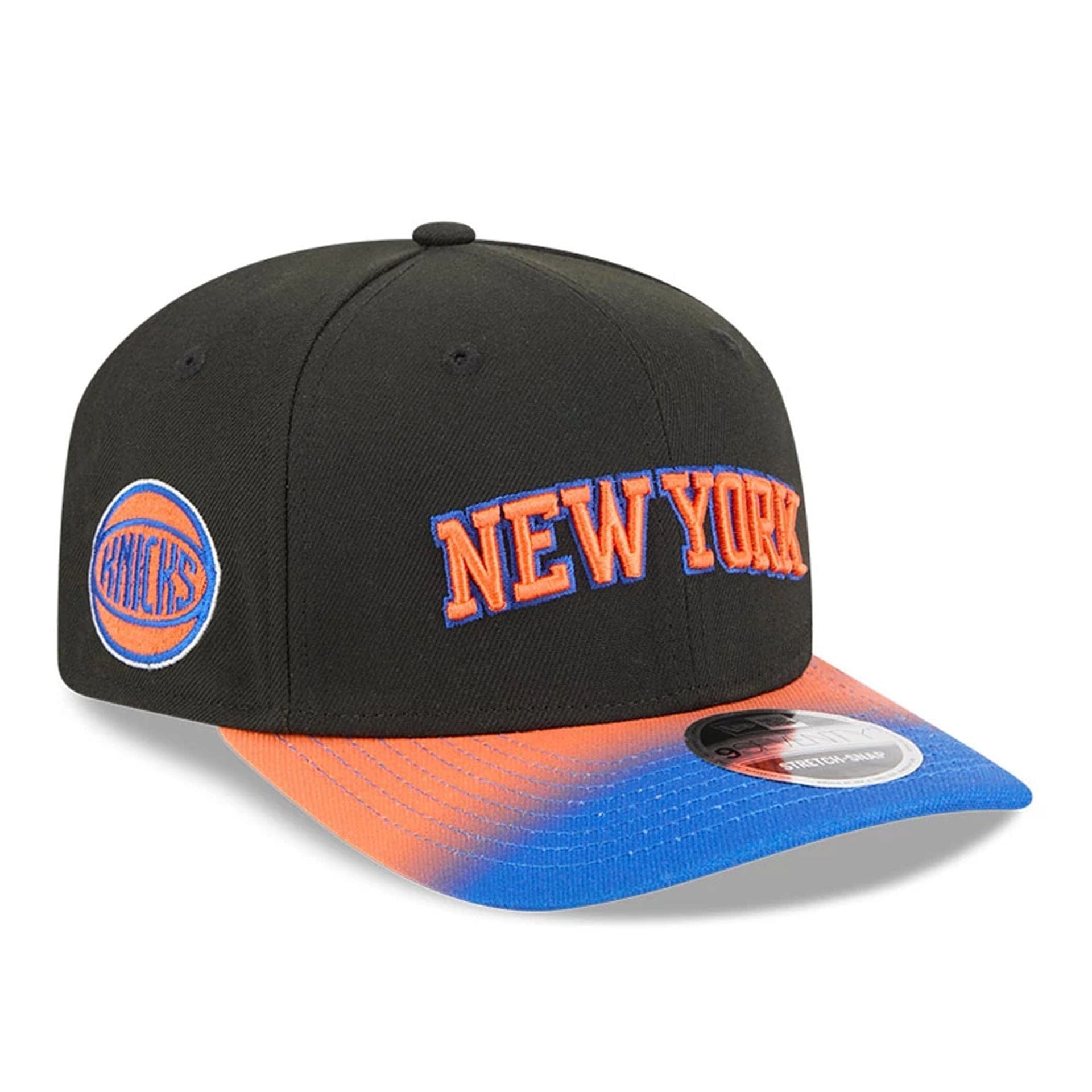 This is a New York Knicks NBA Statement Black 9SEVENTY Stretch Snap Adjustable Cap 1