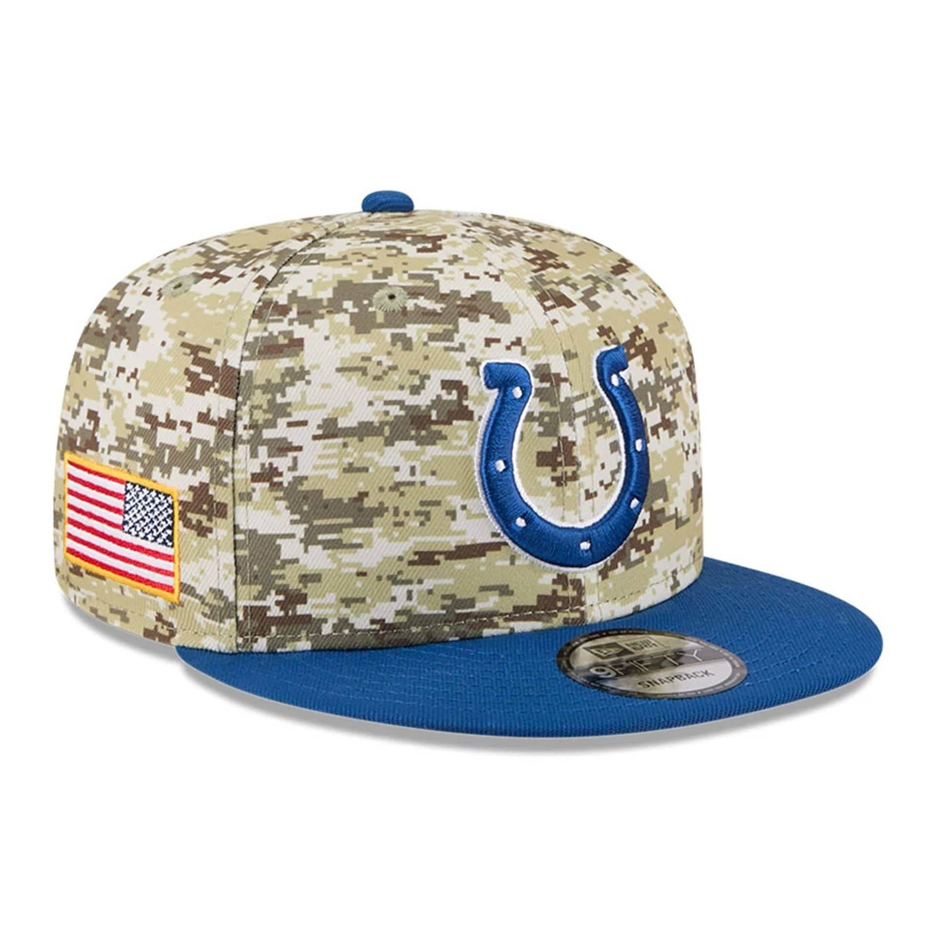 This is a Indianapolis Colts NFL Salute To Service 2025 Blue 9FIFTY Snapback Adjustable Cap 1