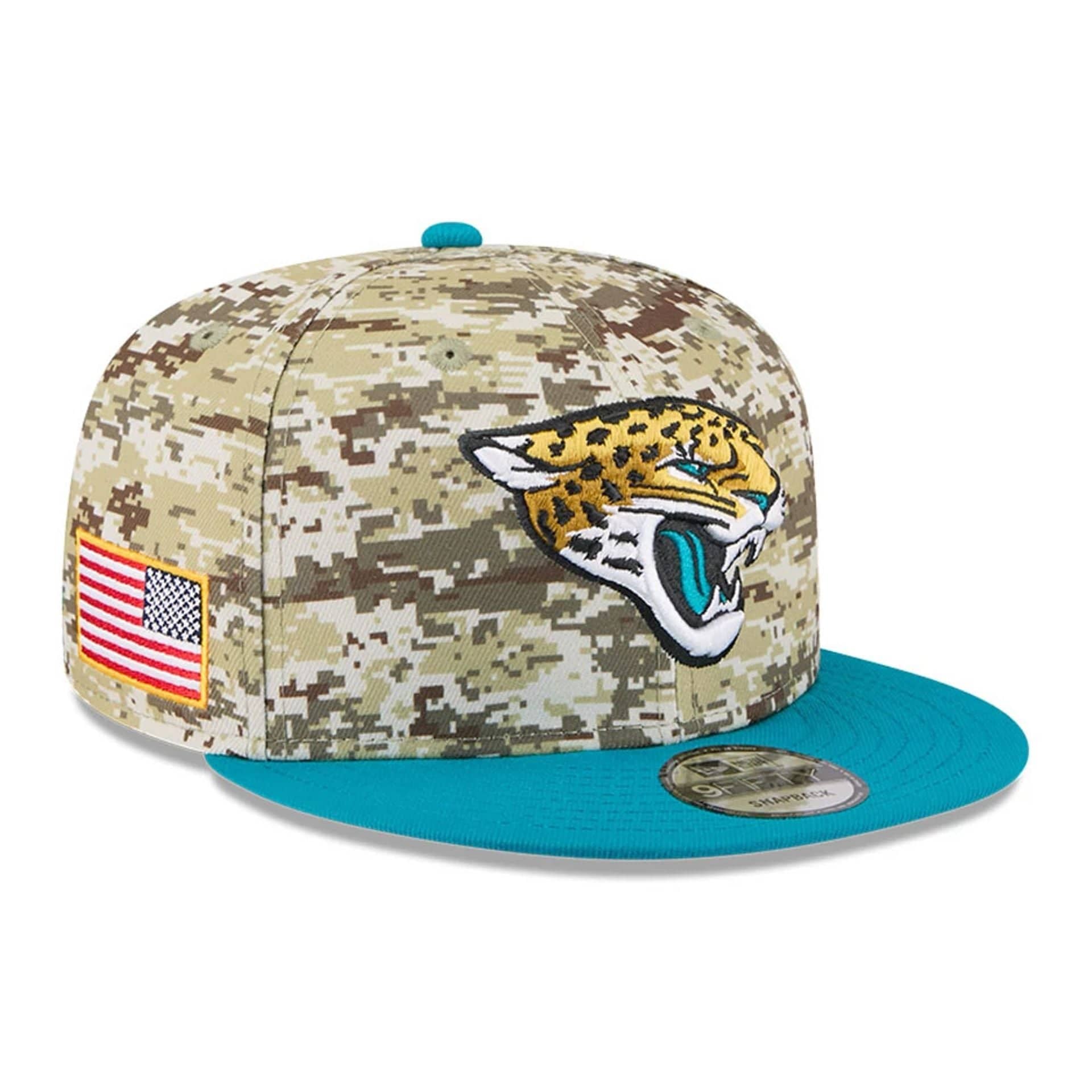 This is a Jacksonville Jaguars NFL Salute To Service 2025 Turquoise 9FIFTY Snapback Adjustable Cap 1