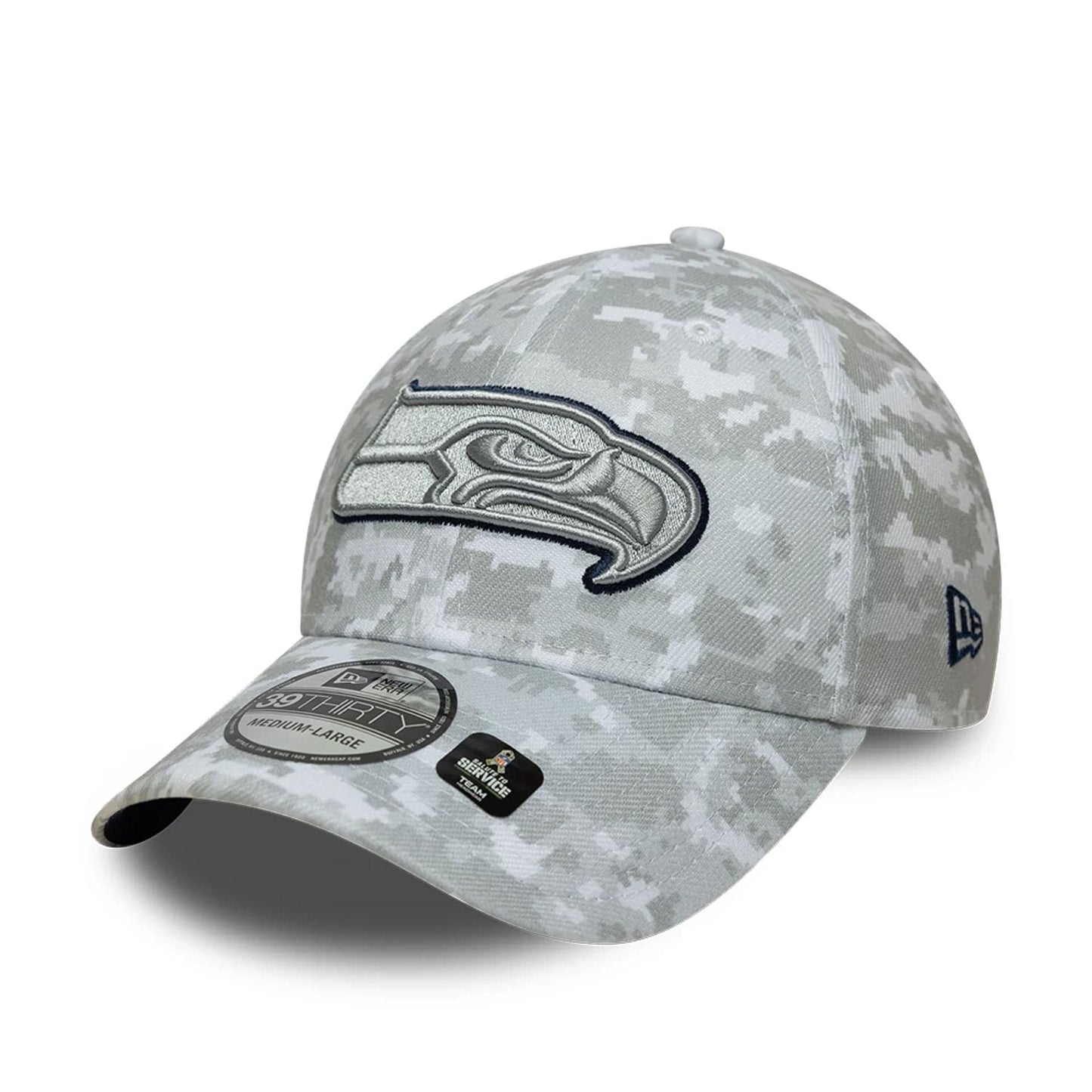 This is a Seattle Seahawks NFL Salute To Service 2025 Grey Camo 39THIRTY Stretch Fit Cap 8