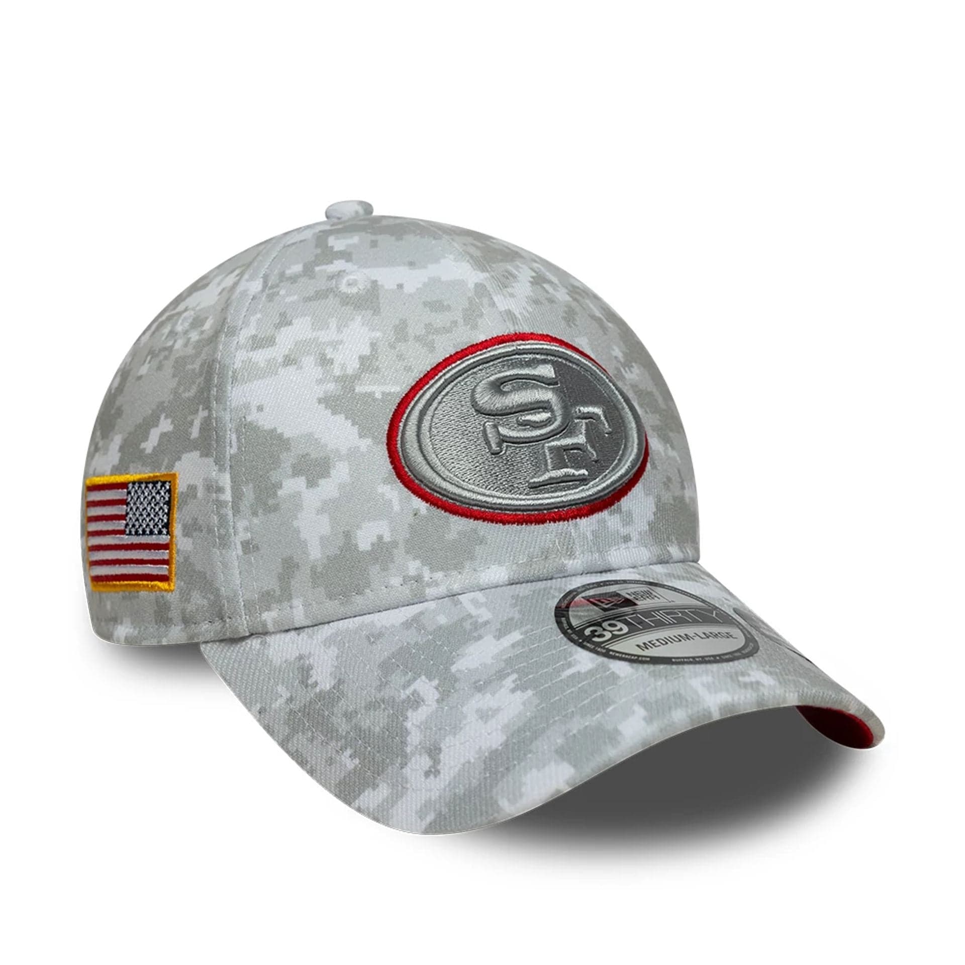 This is a San Francisco 49ers NFL Salute To Service 2025 Grey Camo 39THIRTY Stretch Fit Cap 1