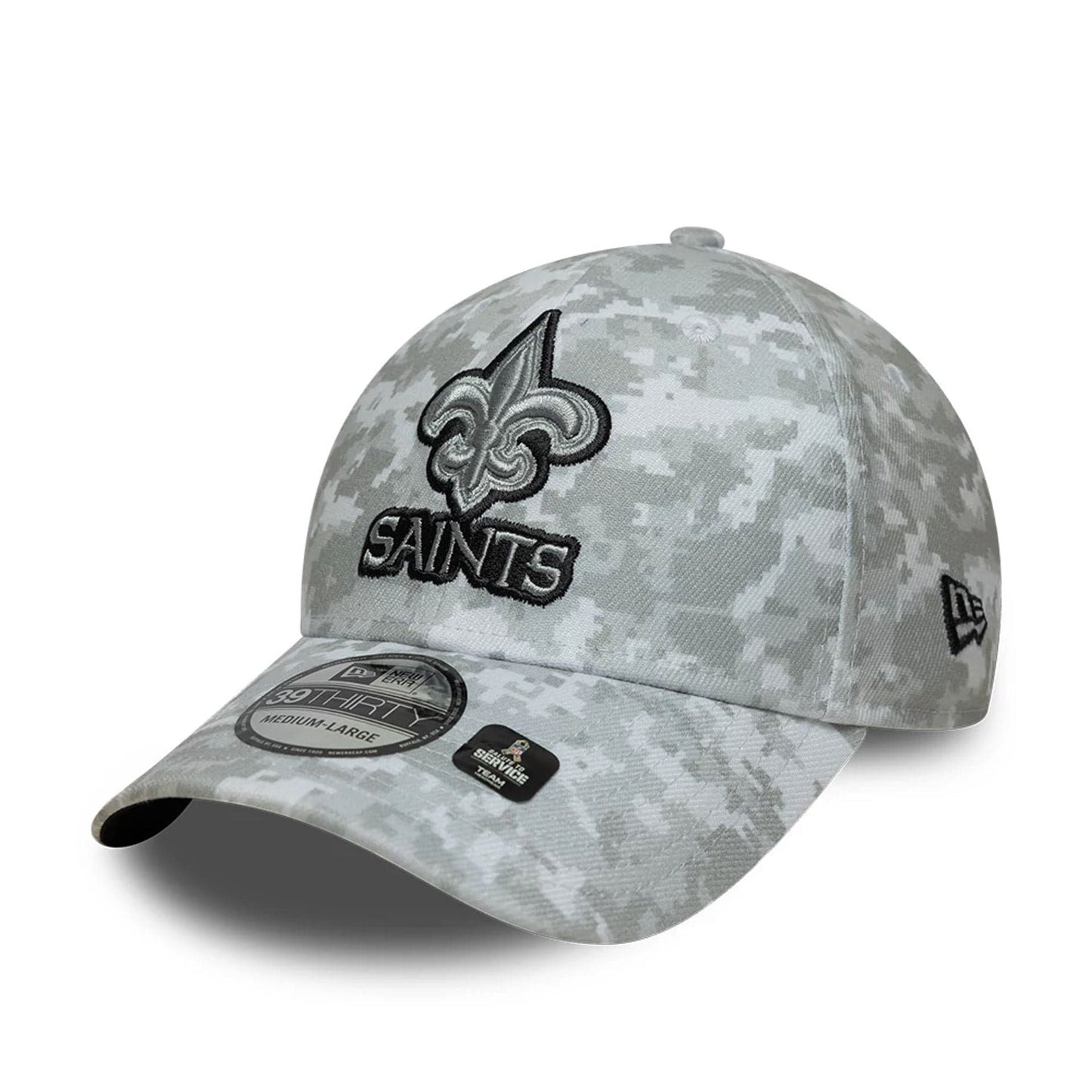 This is a New Orleans Saints NFL Salute To Service 2025 Grey Camo 39THIRTY Stretch Fit Cap 8